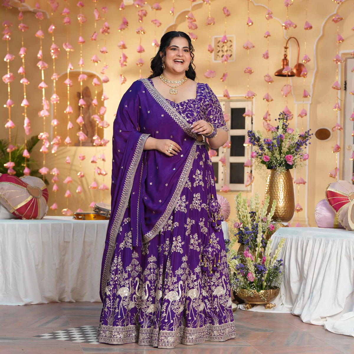 Eden Blooms- Purple Zari & Sequin Embroidered Pure Chinon Lehenga Set