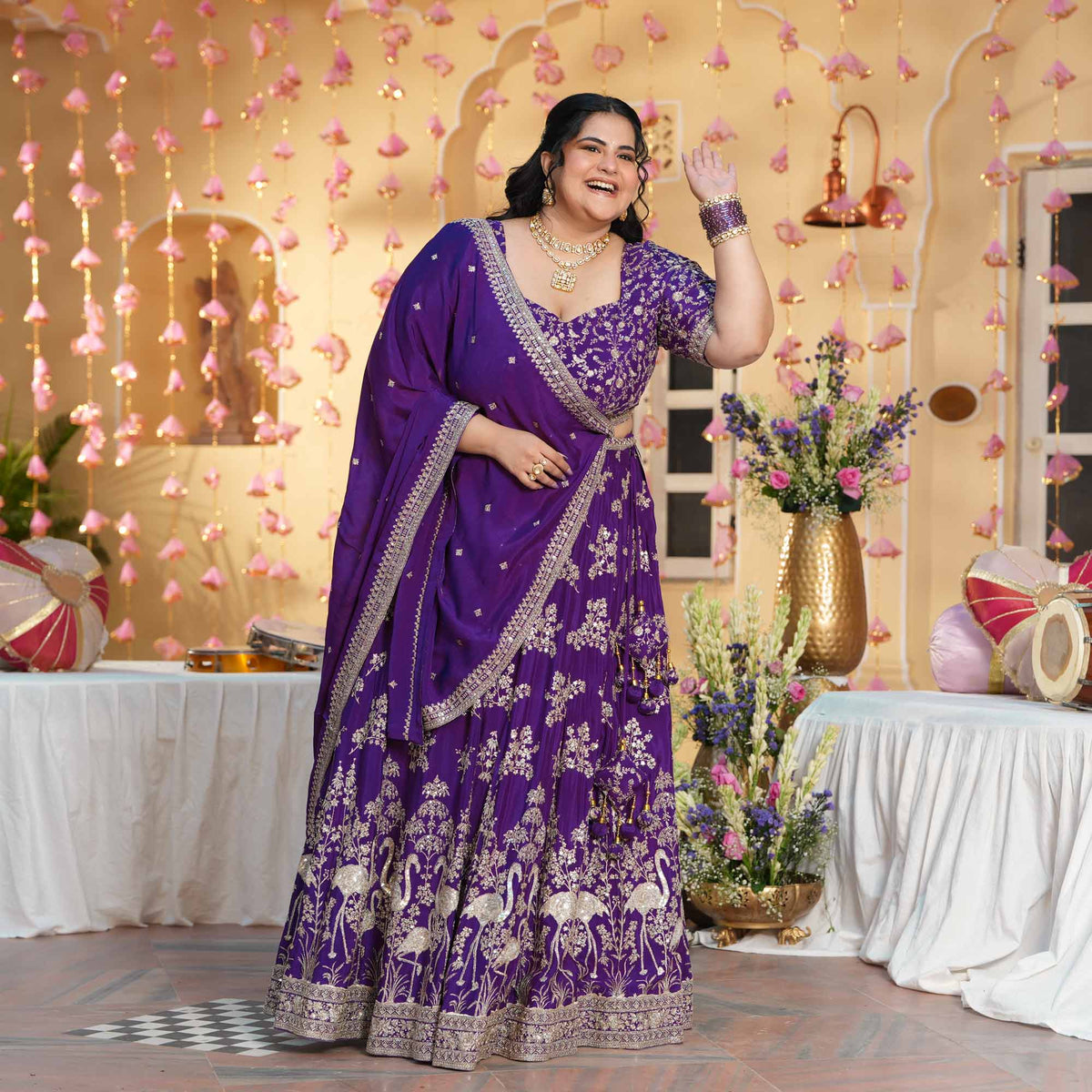 Eden Blooms- Purple Zari & Sequin Embroidered Pure Chinon Lehenga Set