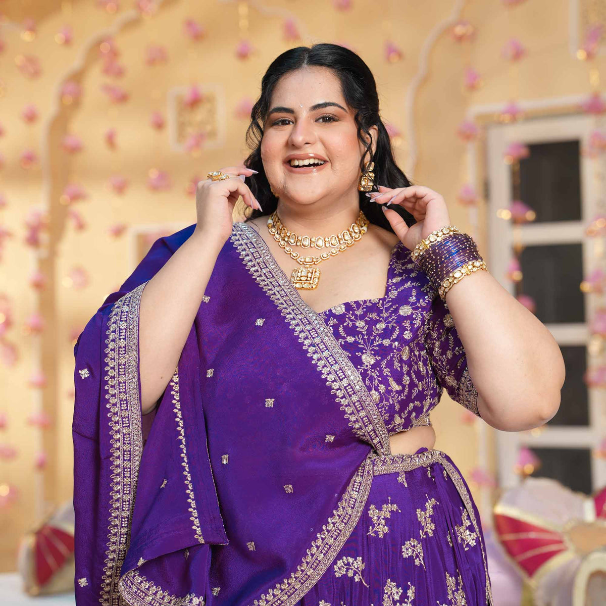 Eden Blooms- Purple Zari & Sequin Embroidered Pure Chinon Lehenga Set