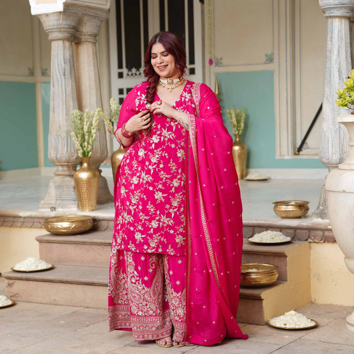 Garden of Roses- Fuchsia Pink Zari & Sequin Embroidered Pure Chinon Suit Set