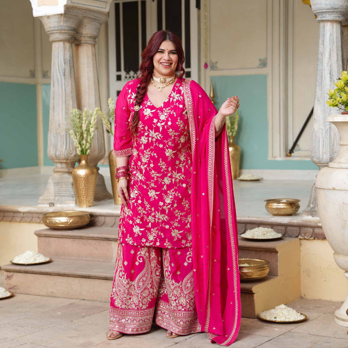Garden of Roses- Fuchsia Pink Zari & Sequin Embroidered Pure Chinon Suit Set