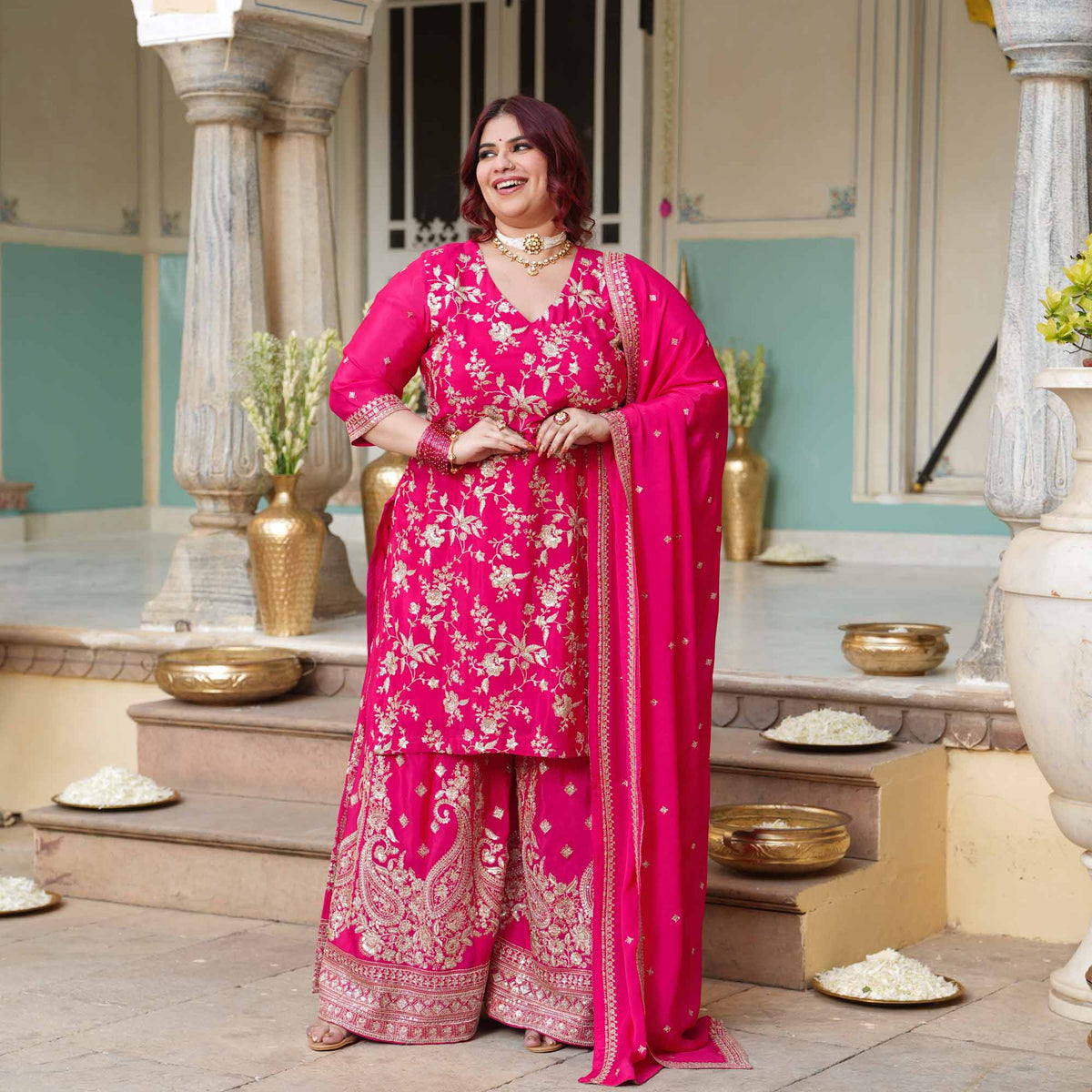 Garden of Roses- Fuchsia Pink Zari & Sequin Embroidered Pure Chinon Suit Set