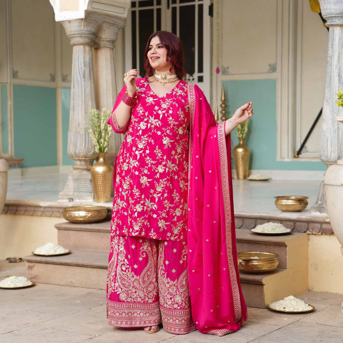 Garden of Roses- Fuchsia Pink Zari & Sequin Embroidered Pure Chinon Suit Set