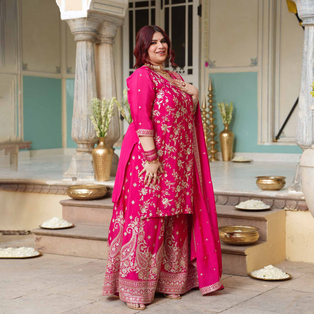 Garden of Roses- Fuchsia Pink Zari & Sequin Embroidered Pure Chinon Suit Set