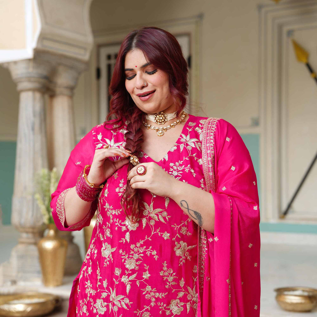 Garden of Roses- Fuchsia Pink Zari & Sequin Embroidered Pure Chinon Suit Set