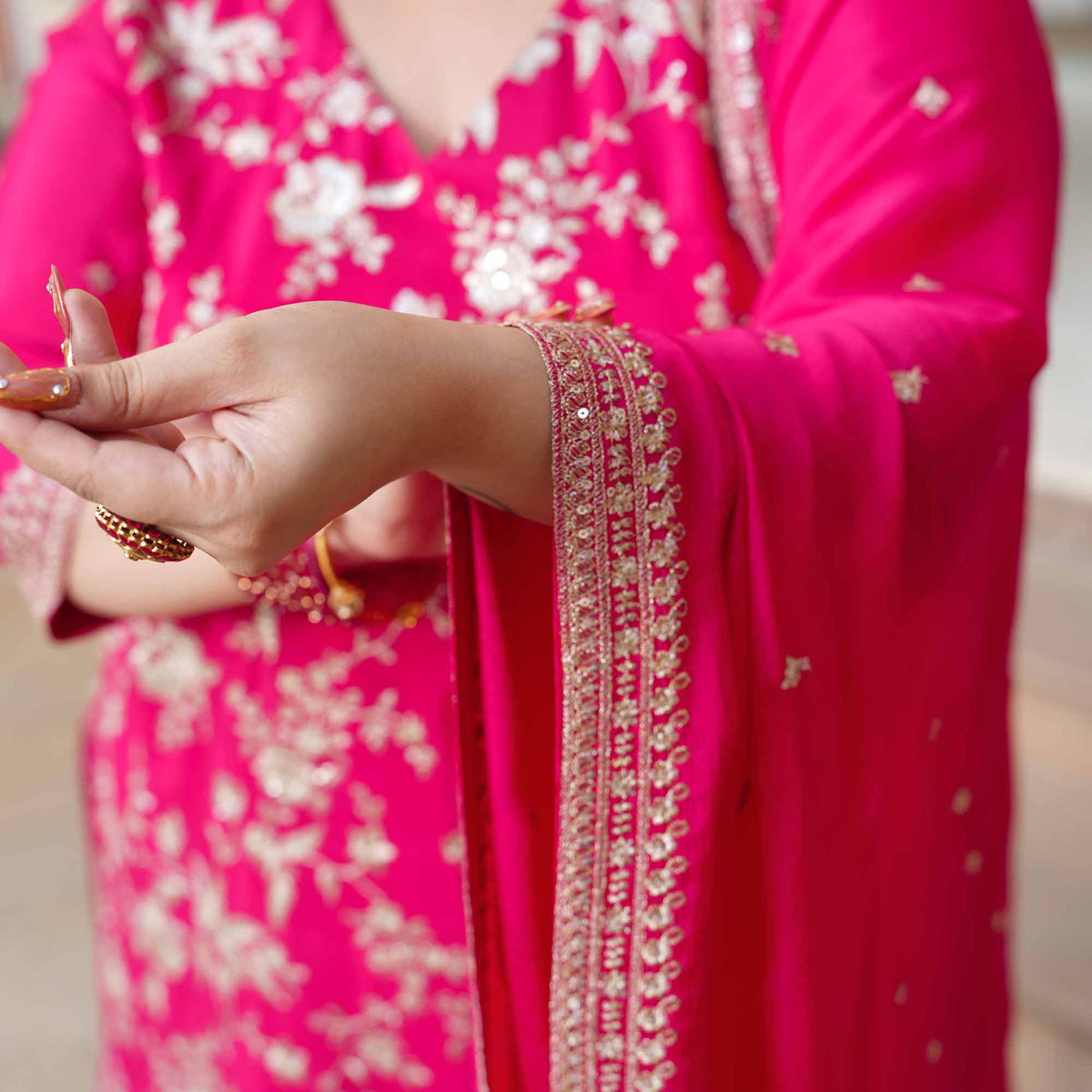 Garden of Roses- Fuchsia Pink Zari & Sequin Embroidered Pure Chinon Suit Set