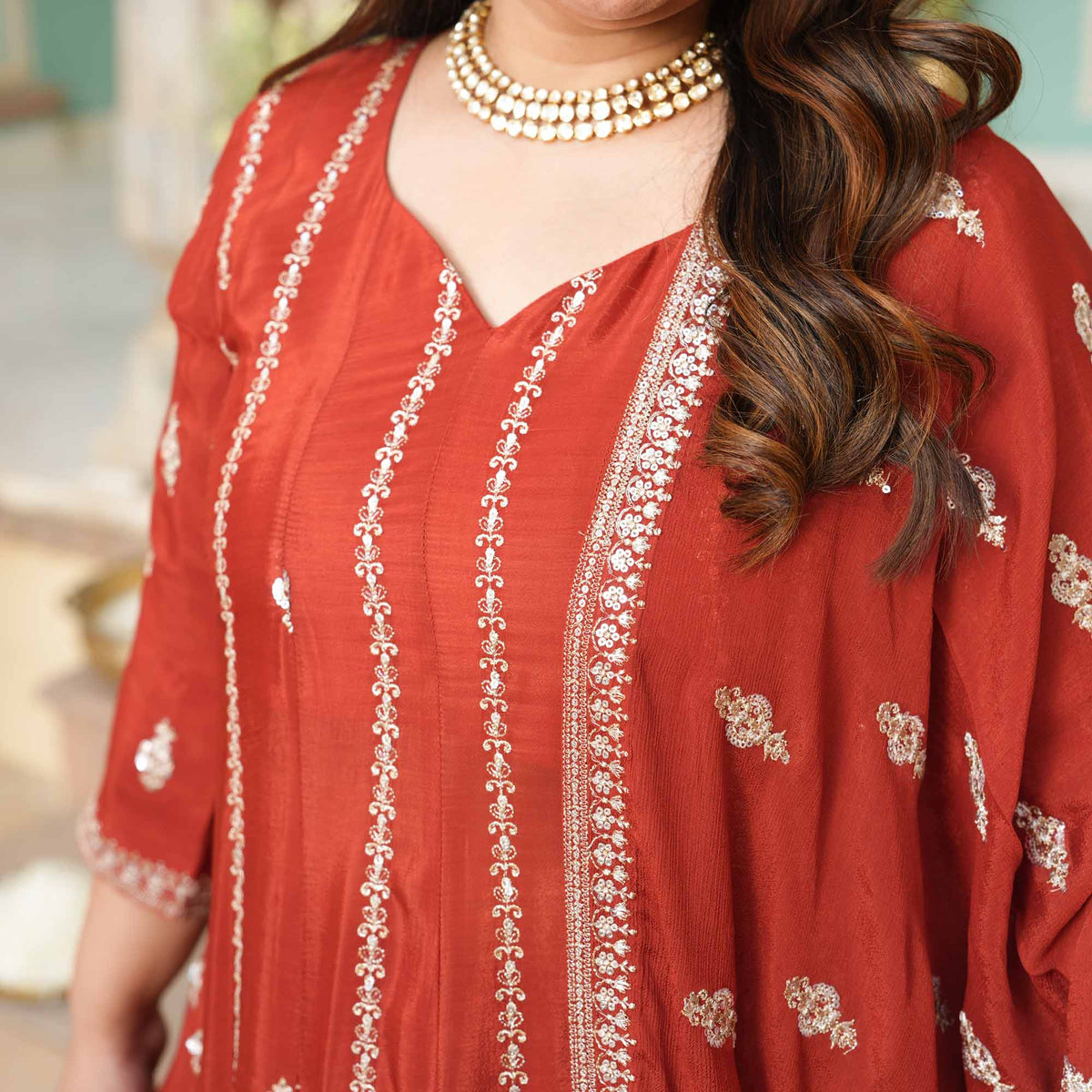 Royal Darbar- Rust Zari & Sequin Embroidered Pure Chinon Anarkali Lehenga Set