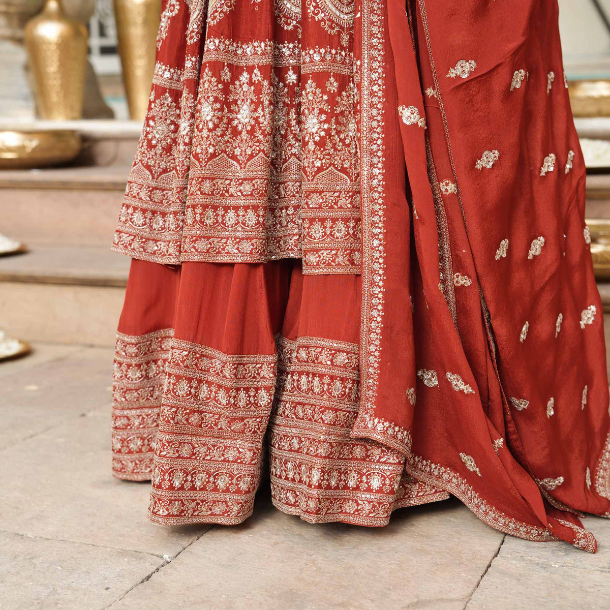 Royal Darbar- Rust Zari & Sequin Embroidered Pure Chinon Anarkali Lehenga Set