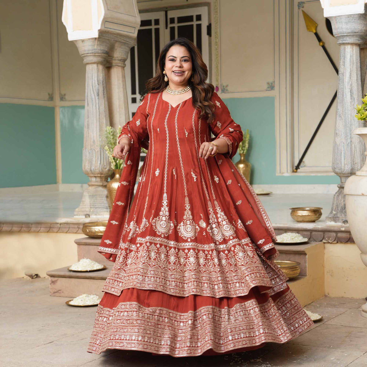 Royal Darbar- Rust Zari & Sequin Embroidered Pure Chinon Anarkali Lehenga Set