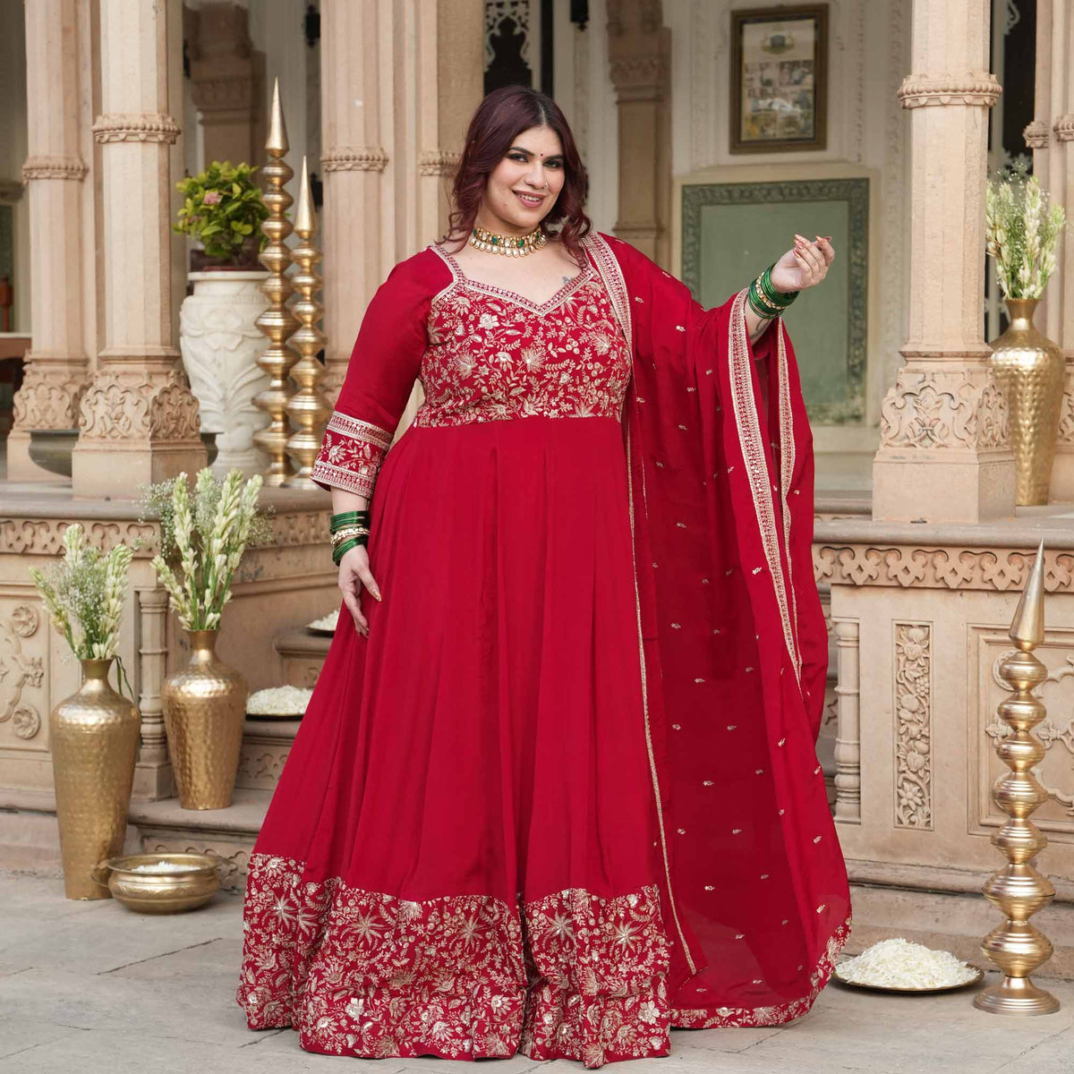Taj Aangan- Red Zari & Sequin Embroidered Pure Chinon Anarkali Set