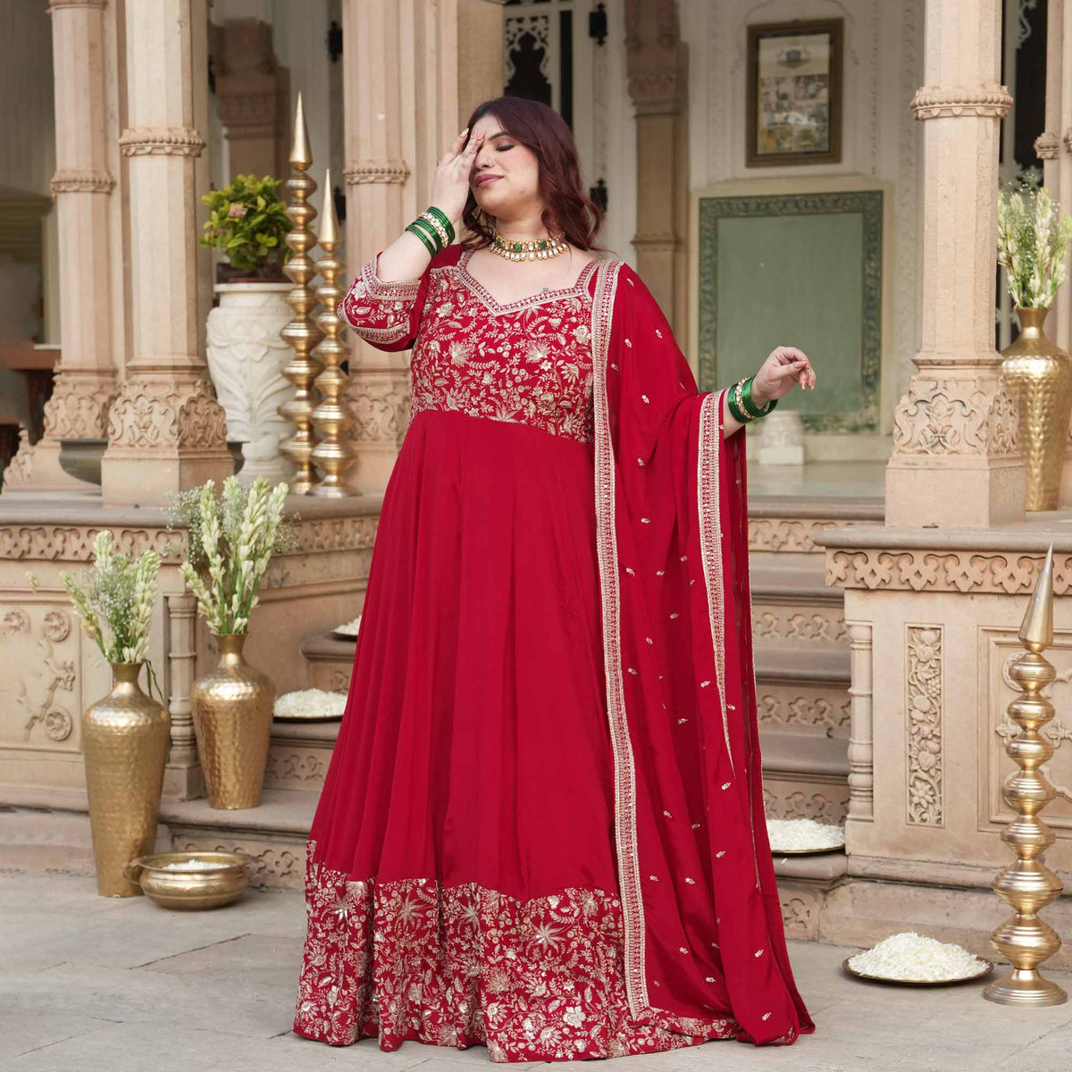 Taj Aangan- Red Zari & Sequin Embroidered Pure Chinon Anarkali Set