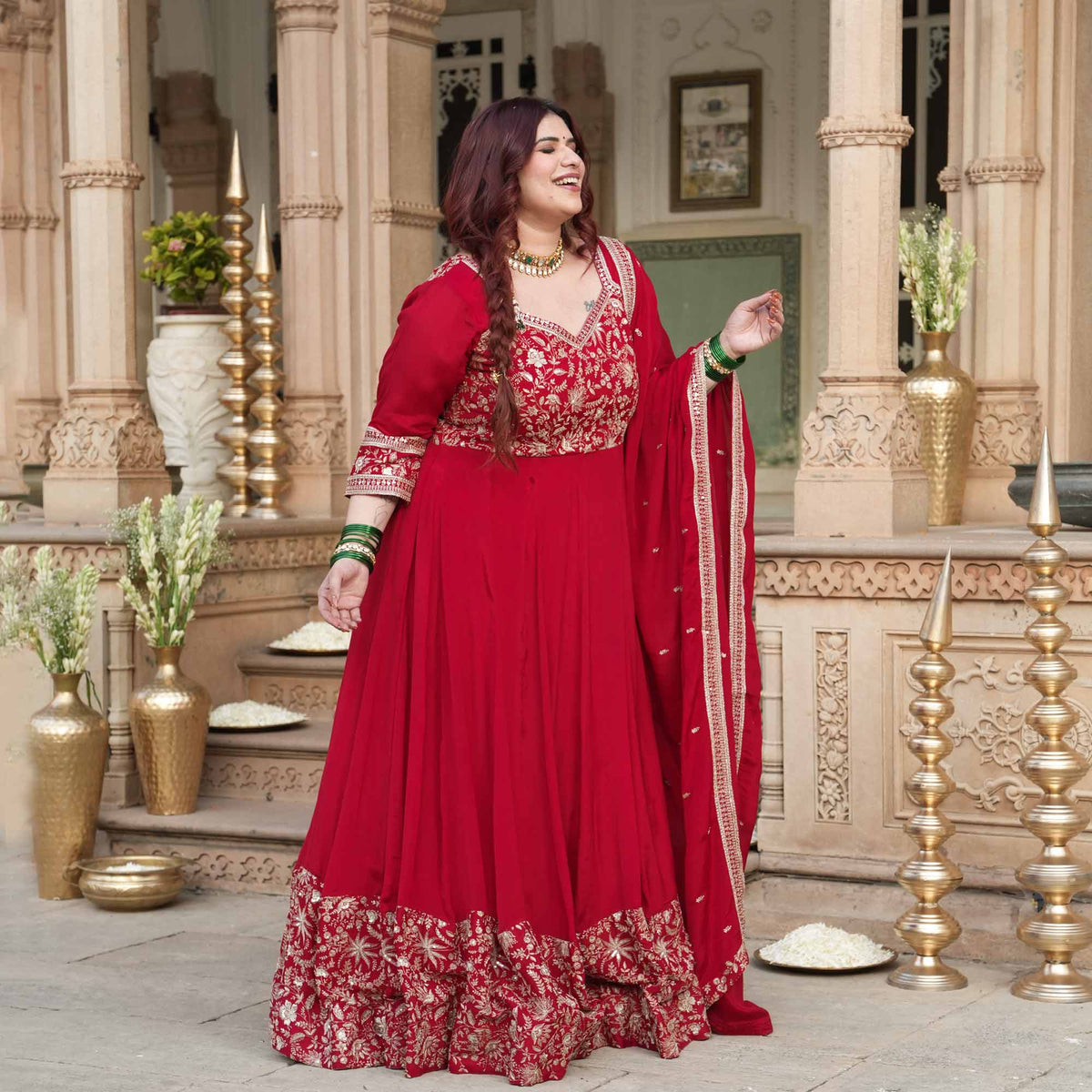 Taj Aangan- Red Zari & Sequin Embroidered Pure Chinon Anarkali Set