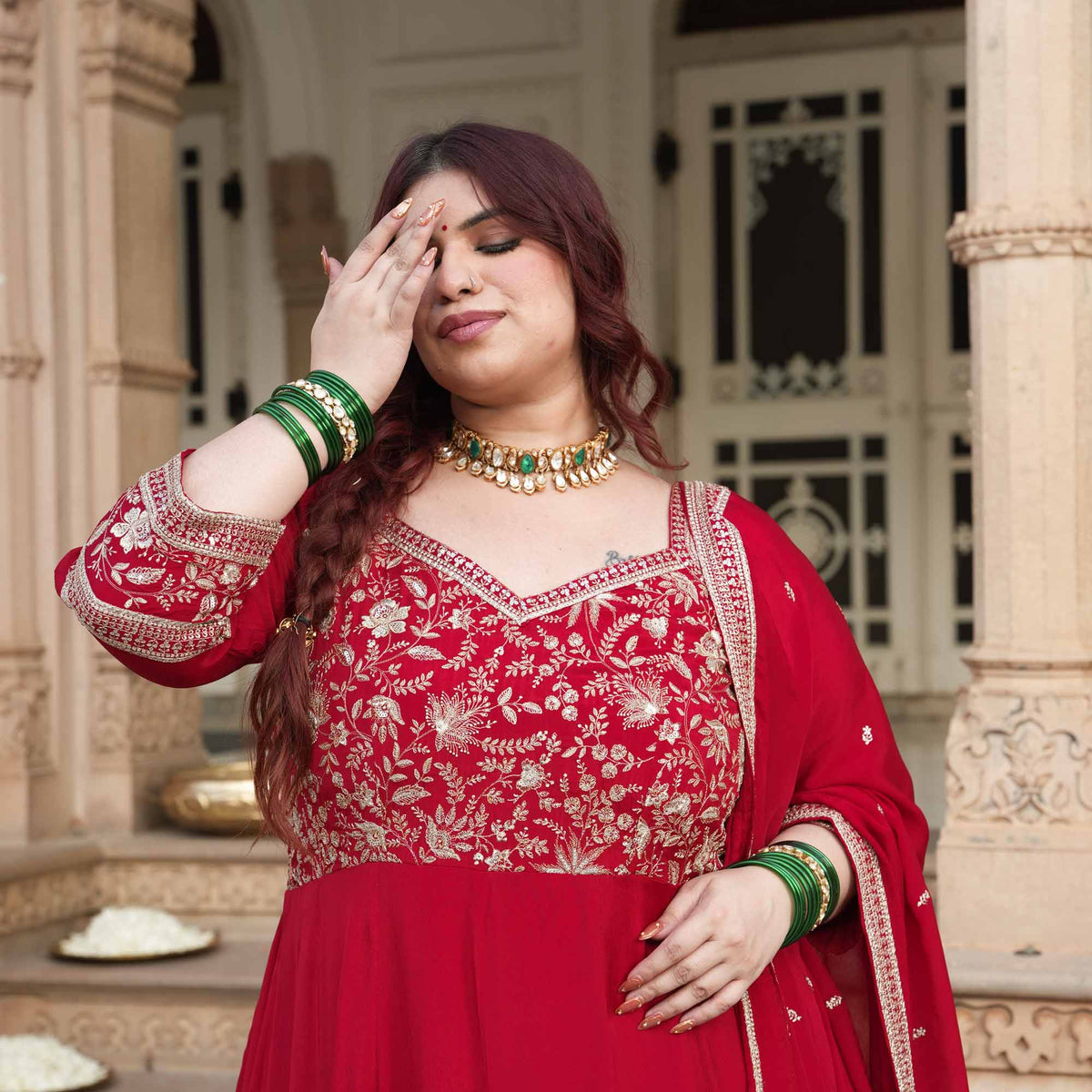 Taj Aangan- Red Zari & Sequin Embroidered Pure Chinon Anarkali Set