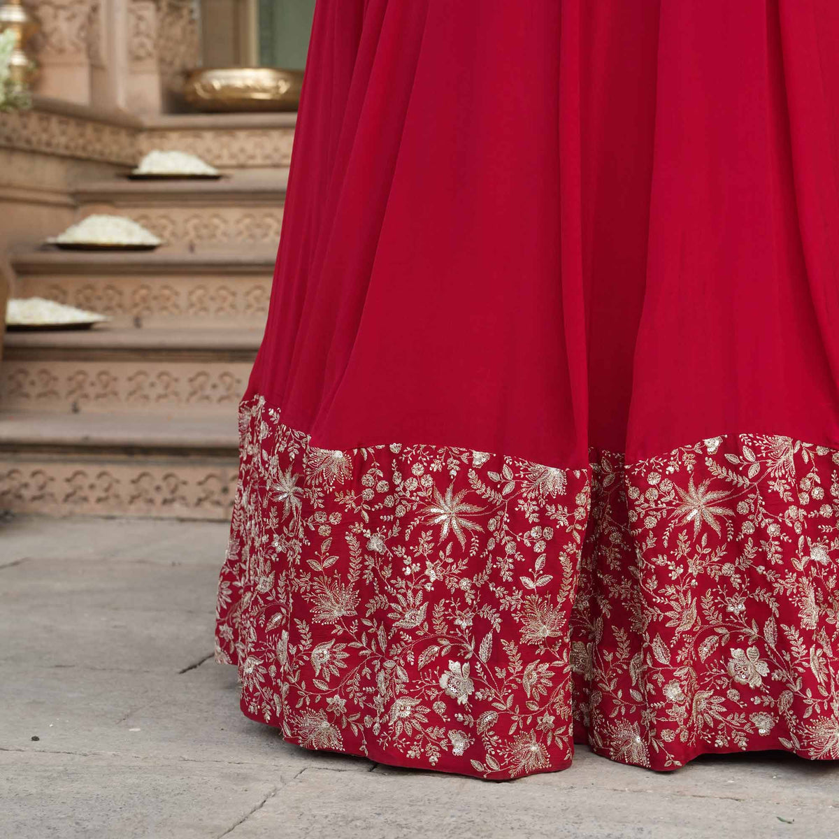 Taj Aangan- Red Zari & Sequin Embroidered Pure Chinon Anarkali Set