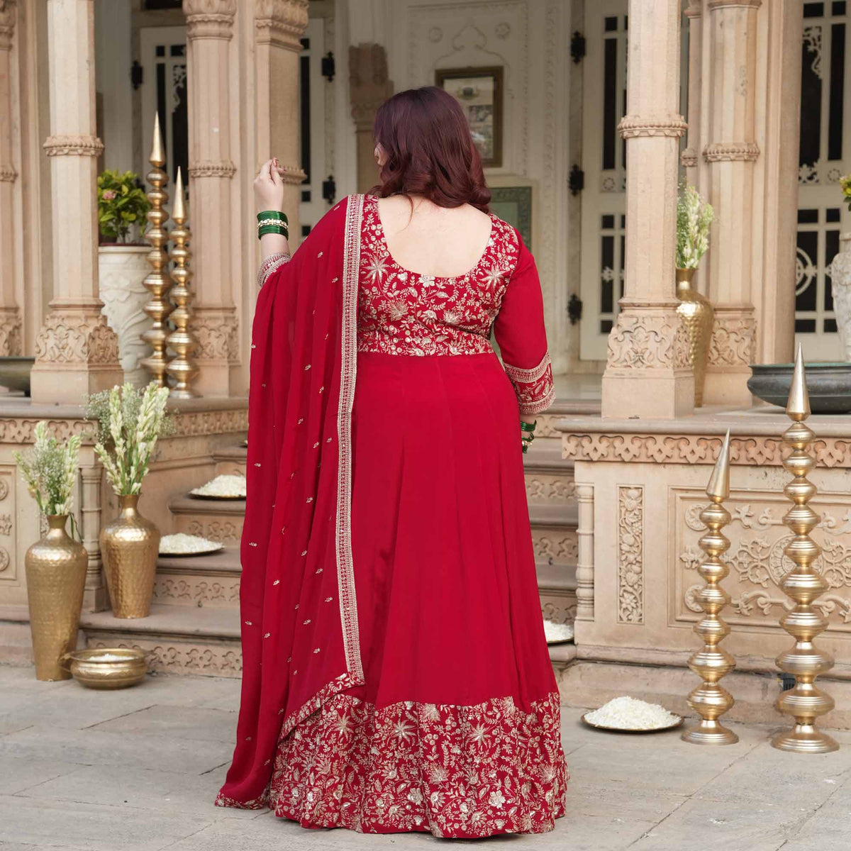 Taj Aangan- Red Zari & Sequin Embroidered Pure Chinon Anarkali Set