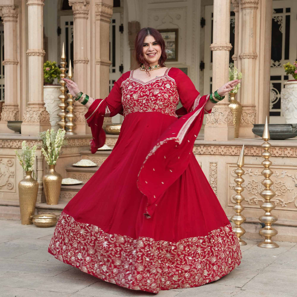 Taj Aangan- Red Zari & Sequin Embroidered Pure Chinon Anarkali Set