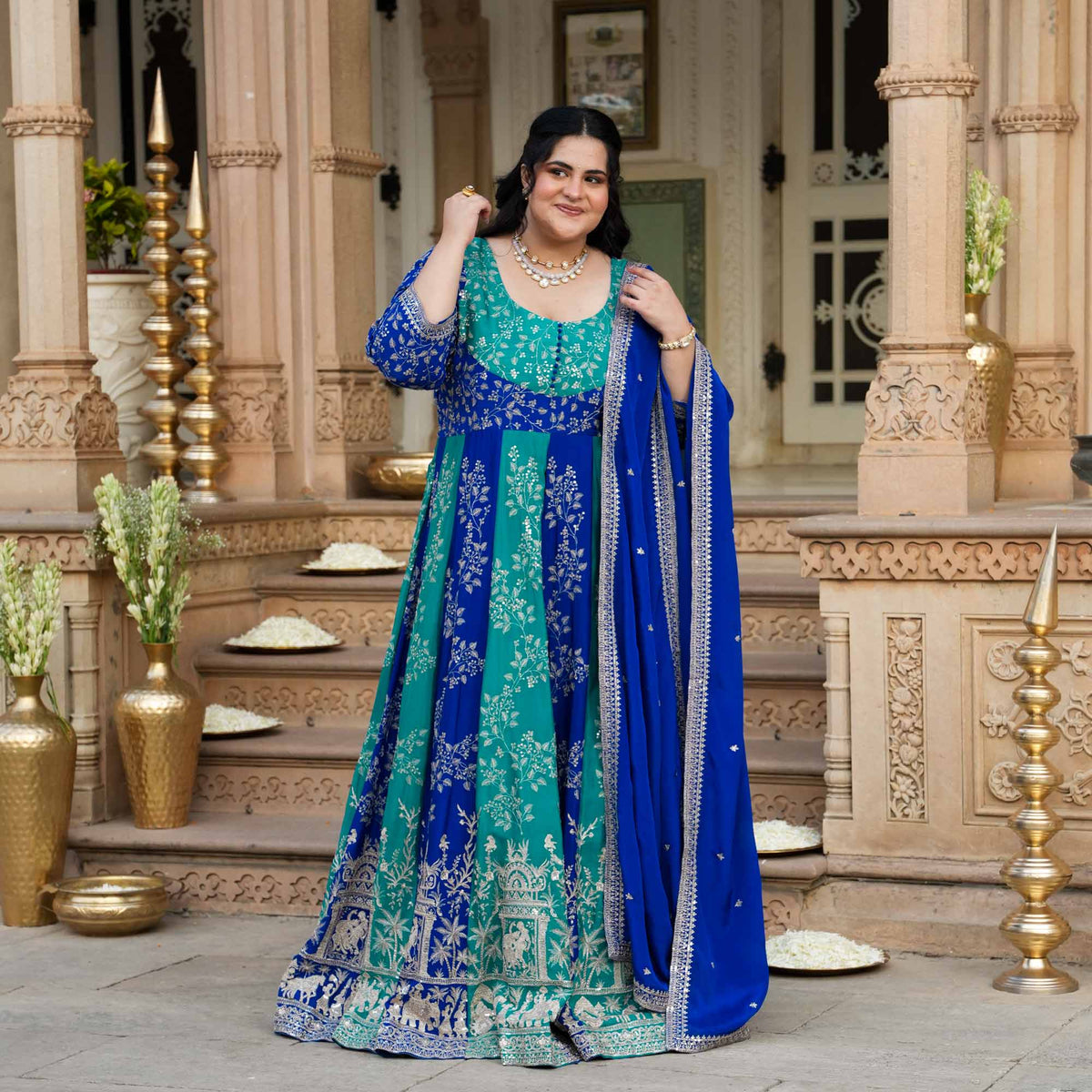 Twin Flames- Rama Green & Royal Blue Zari & Sequin Embroidered Pure Chinon Anarkali Set