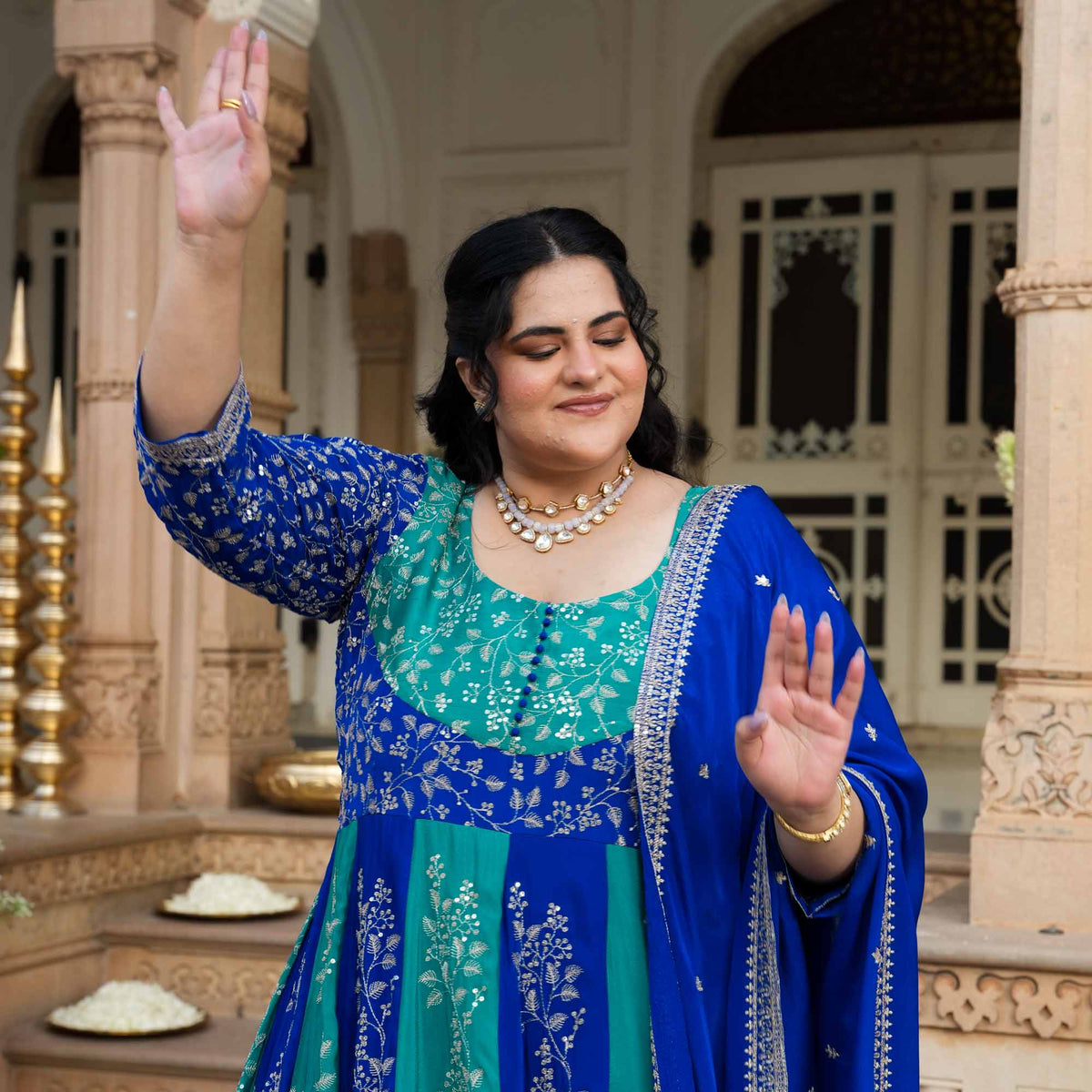 Twin Flames- Rama Green & Royal Blue Zari & Sequin Embroidered Pure Chinon Anarkali Set