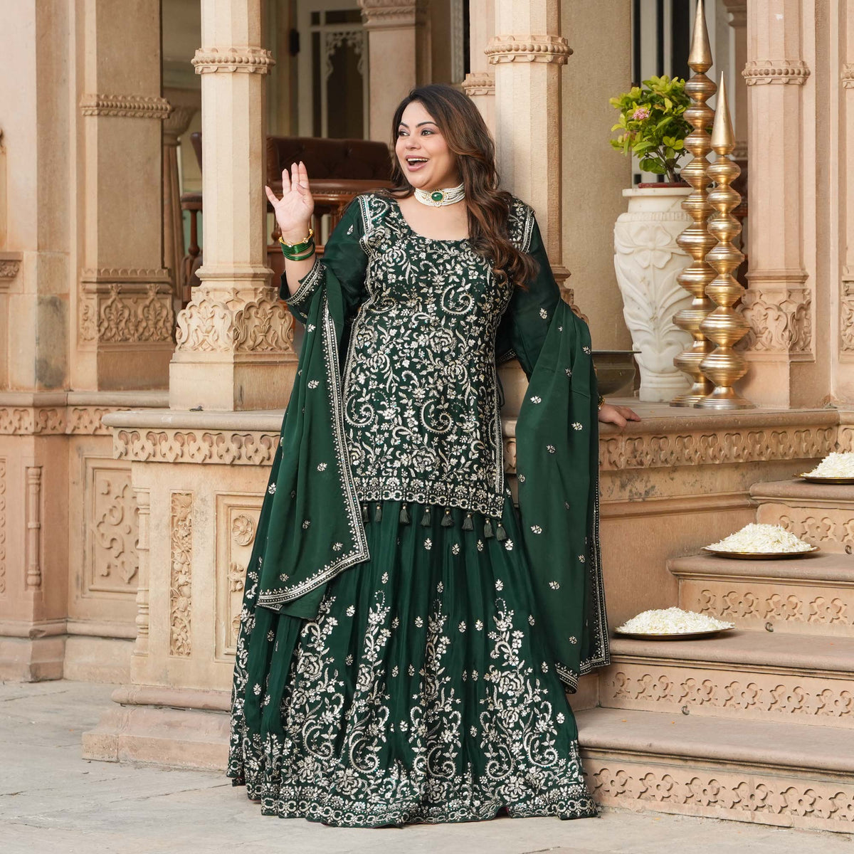 Suryagarh- Rust Thread & Sequin Embroidered Pure Chinon Lehenga Set