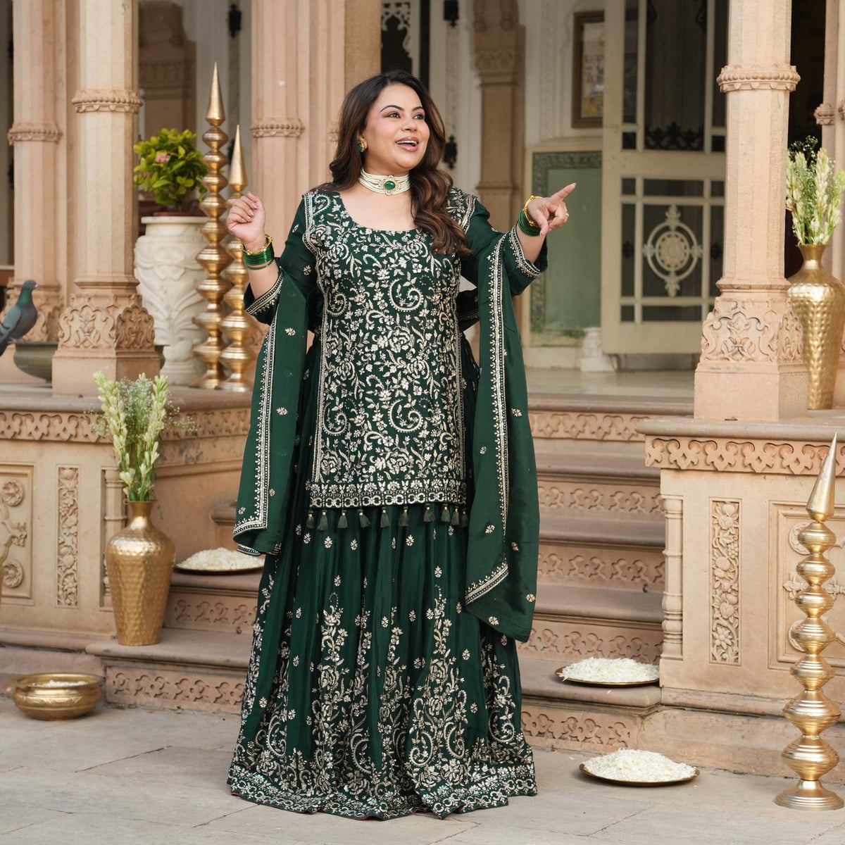 Suryagarh- Rust Thread & Sequin Embroidered Pure Chinon Lehenga Set