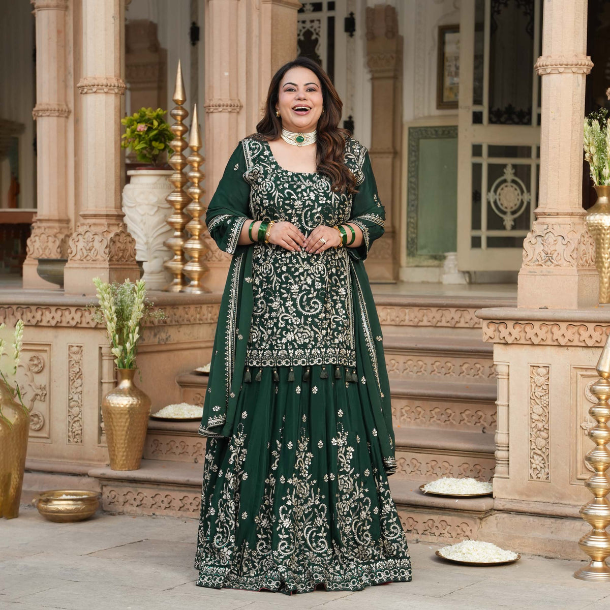 Suryagarh- Rust Thread & Sequin Embroidered Pure Chinon Lehenga Set