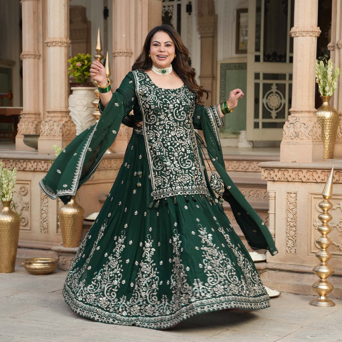 Suryagarh- Rust Thread & Sequin Embroidered Pure Chinon Lehenga Set