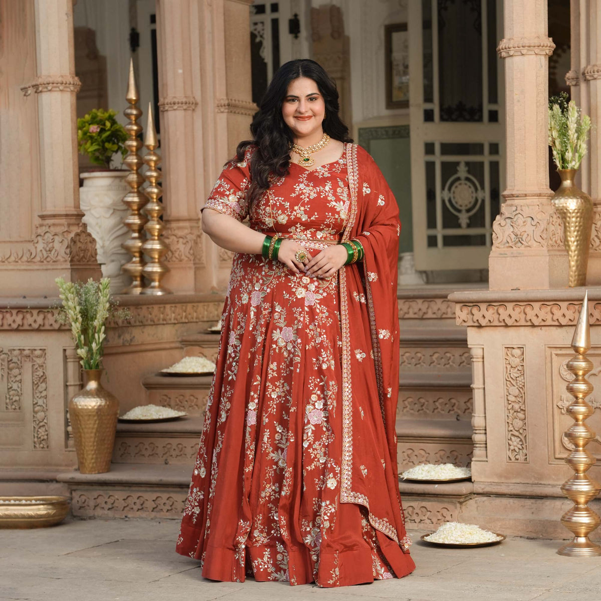 Suryagarh- Rust Thread & Sequin Embroidered Pure Chinon Lehenga Set
