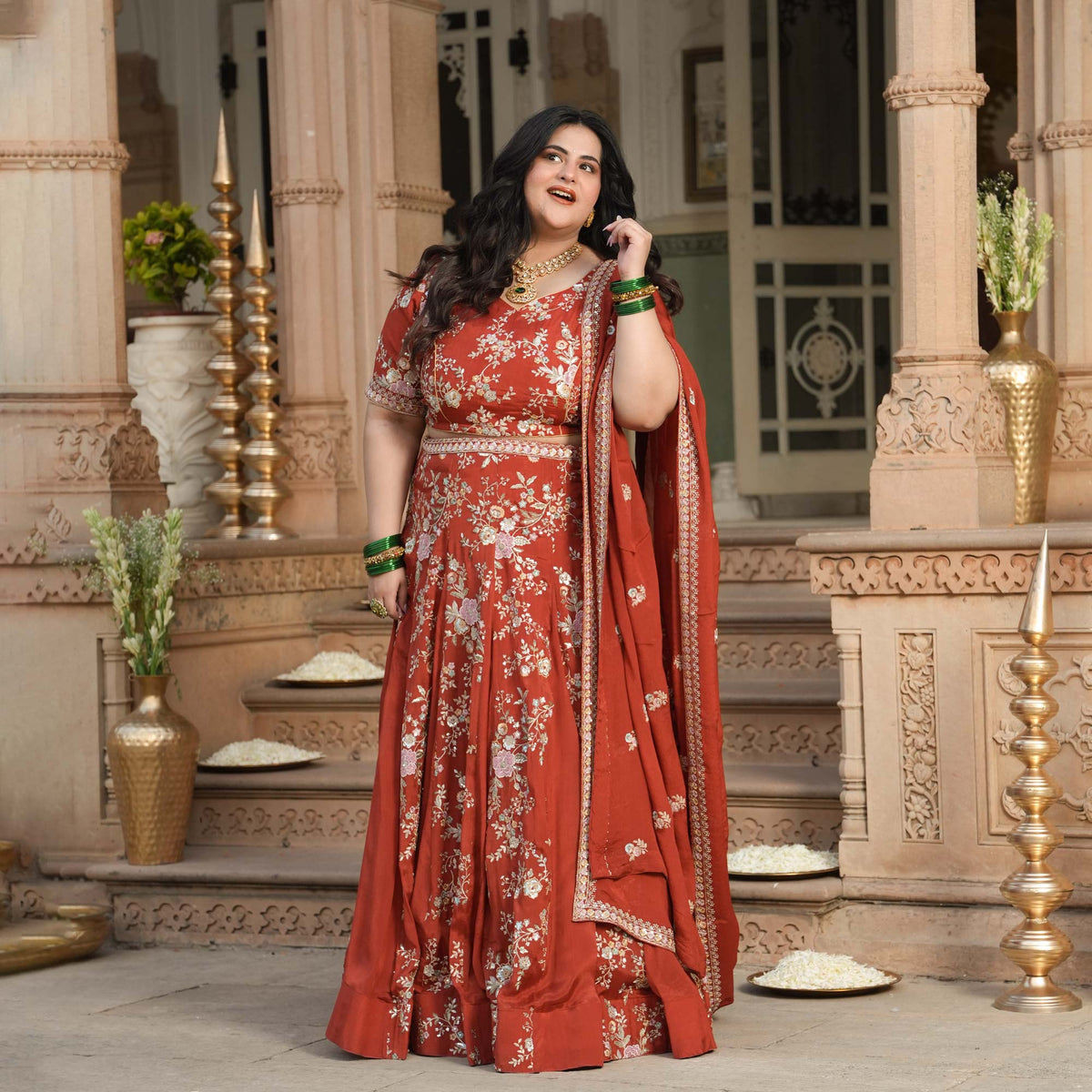 Suryagarh- Rust Thread & Sequin Embroidered Pure Chinon Lehenga Set
