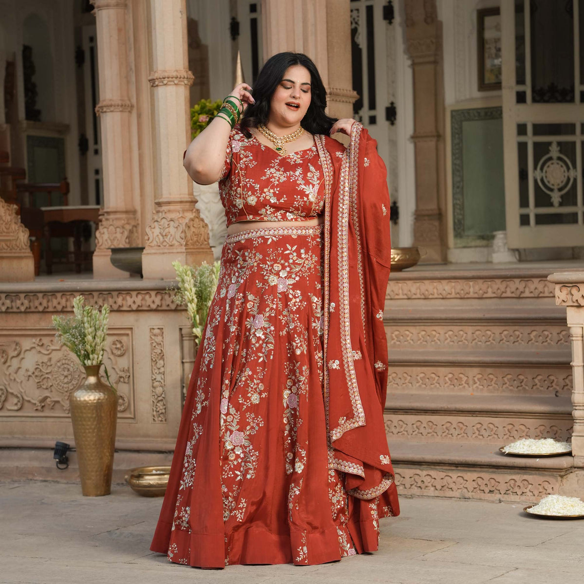 Suryagarh- Rust Thread & Sequin Embroidered Pure Chinon Lehenga Set