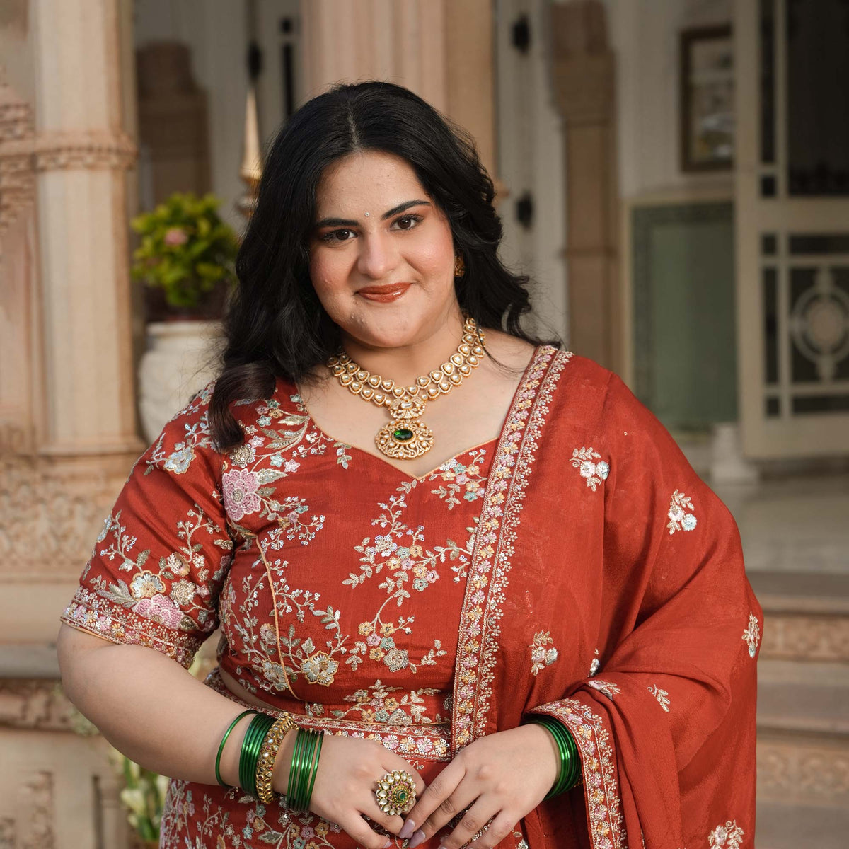 Suryagarh- Rust Thread & Sequin Embroidered Pure Chinon Lehenga Set