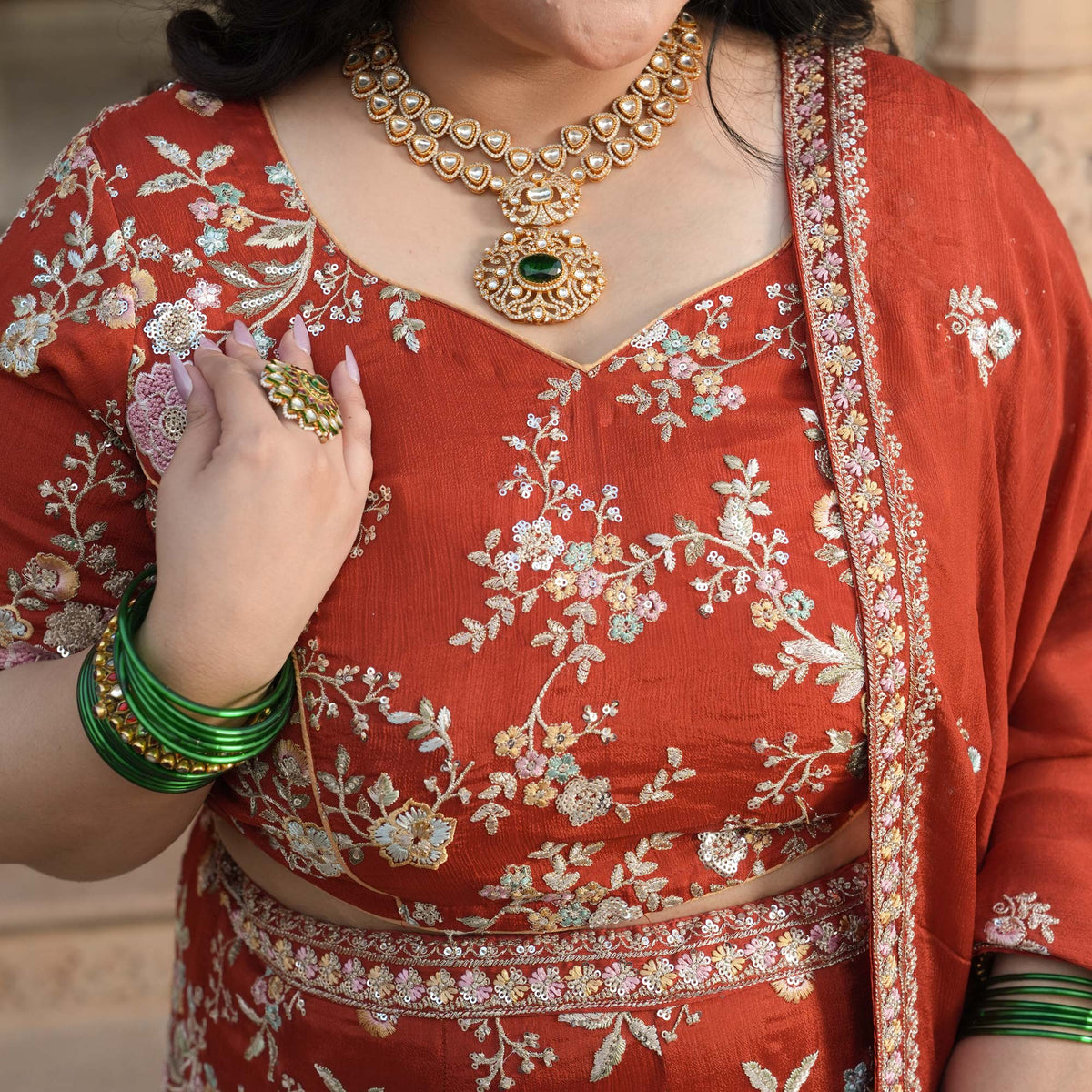 Suryagarh- Rust Thread & Sequin Embroidered Pure Chinon Lehenga Set