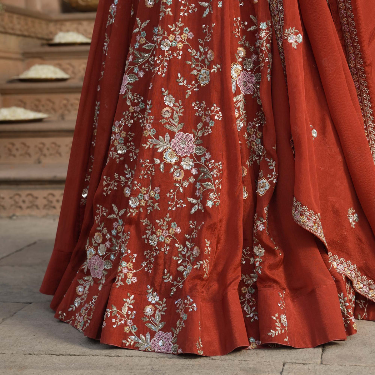 Suryagarh- Rust Thread & Sequin Embroidered Pure Chinon Lehenga Set