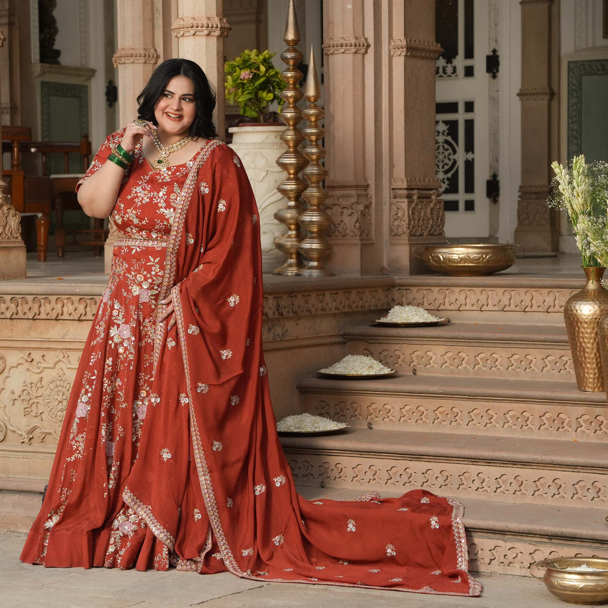 Suryagarh- Rust Thread & Sequin Embroidered Pure Chinon Lehenga Set