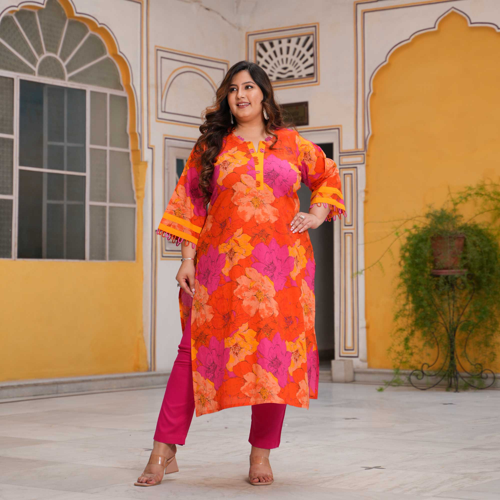 Pink Citrus Delight Floral Cotton Kurta