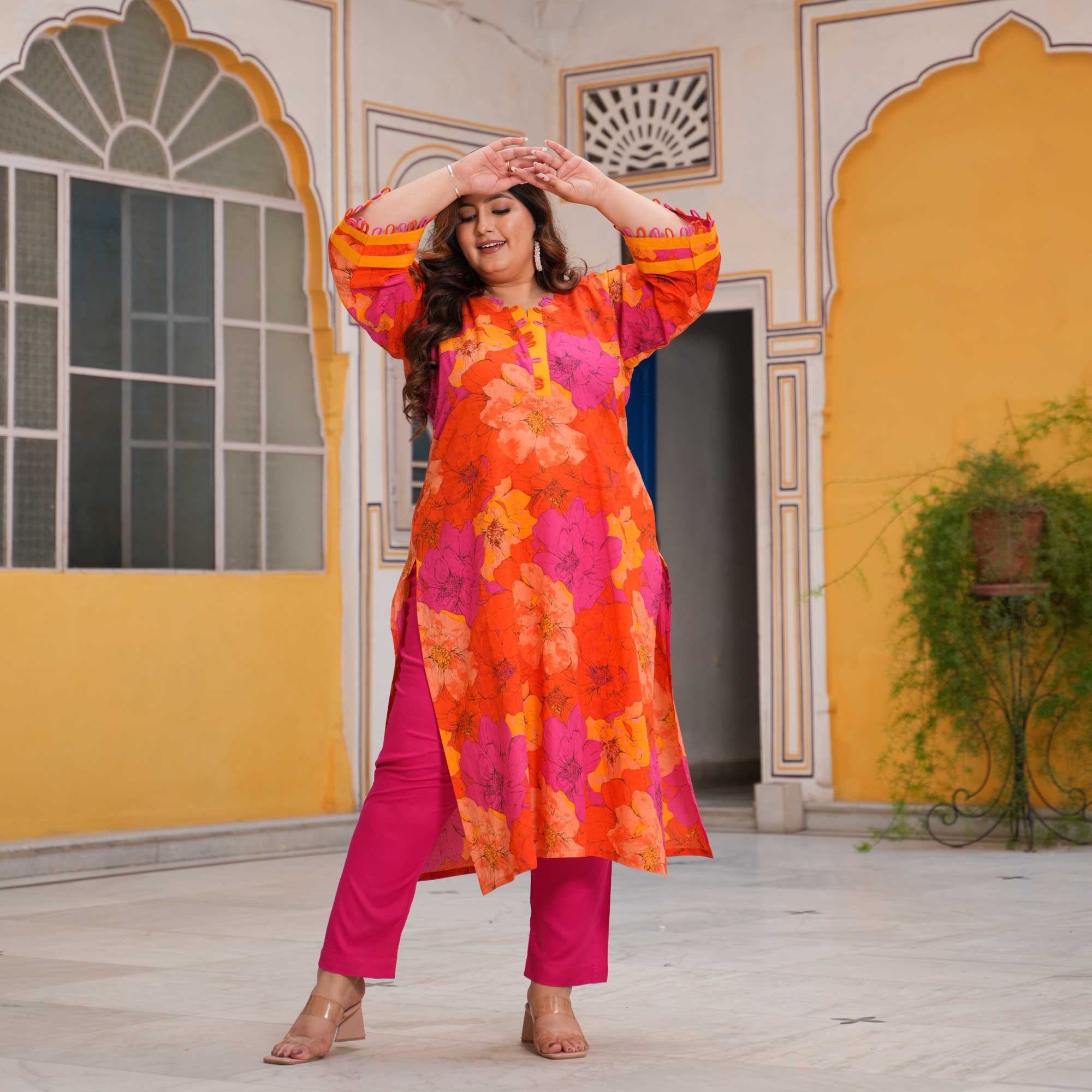 Pink Citrus Delight Floral Cotton Kurta