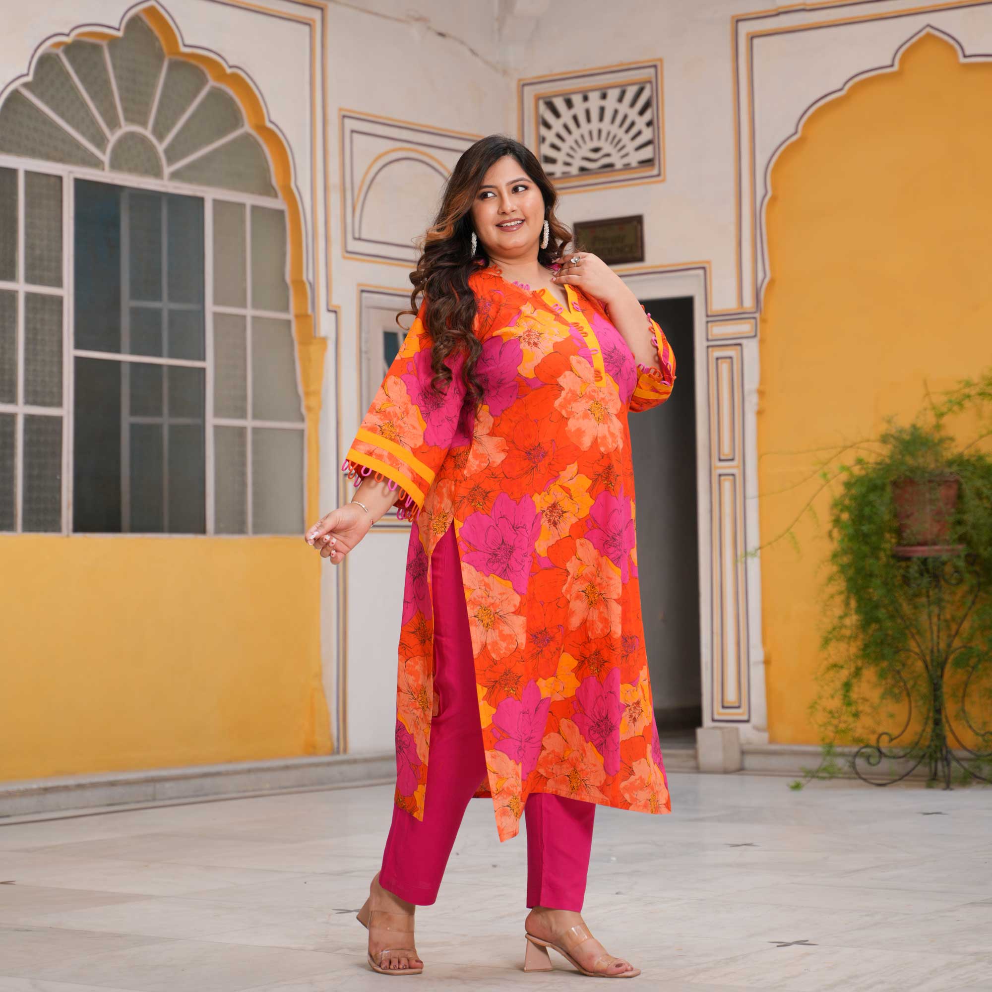 Pink Citrus Delight Floral Cotton Kurta
