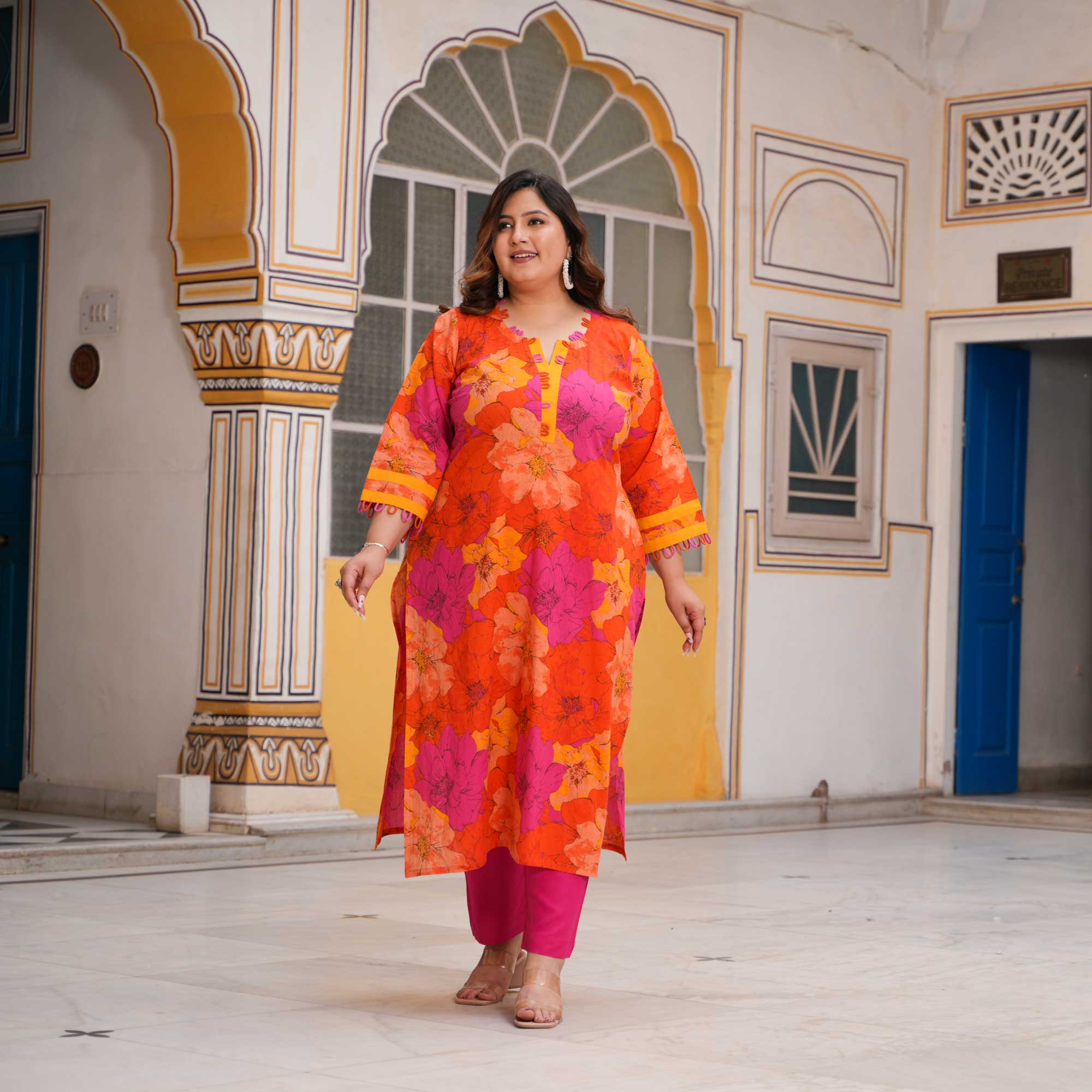 Pink Citrus Delight Floral Cotton Kurta