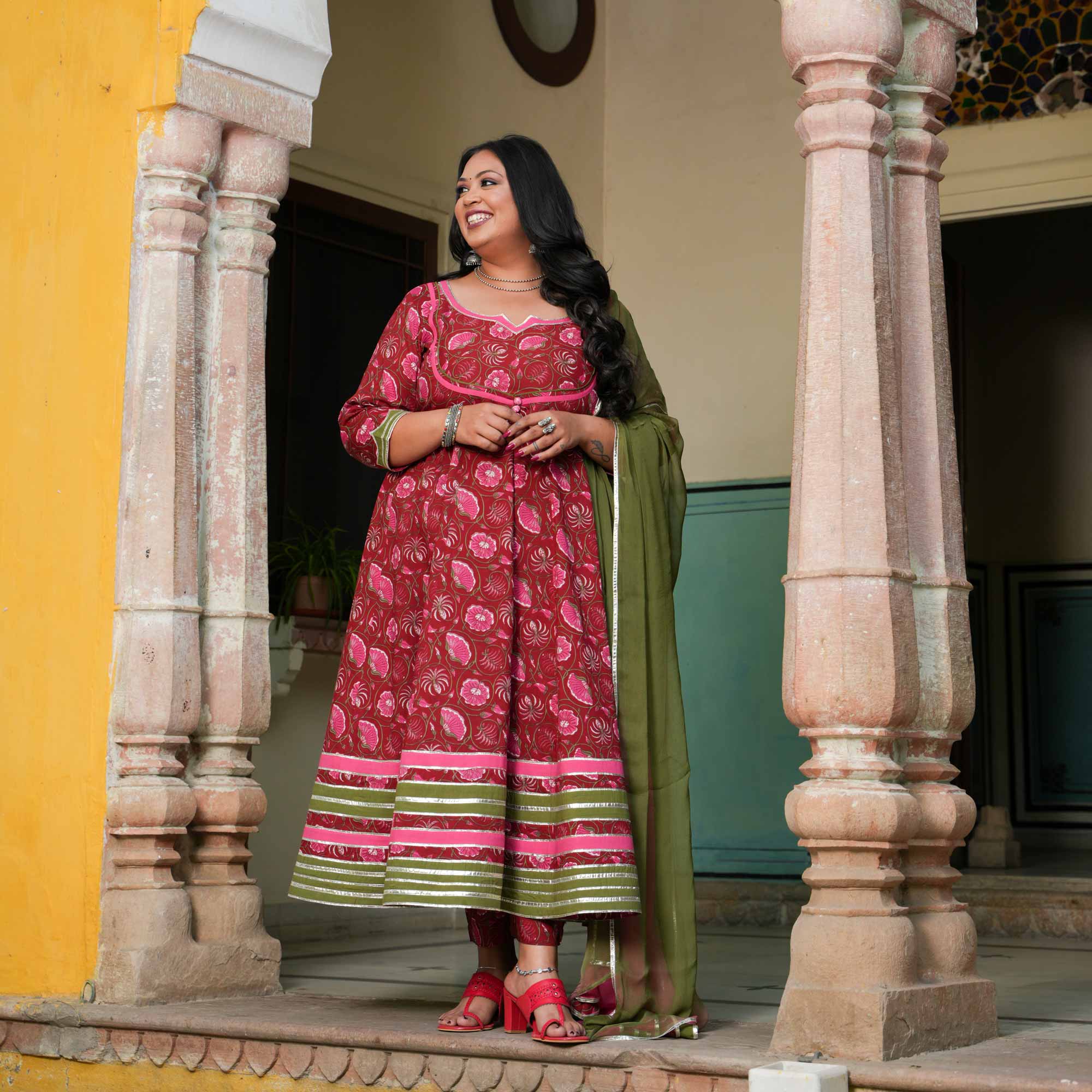 Rosy Charm Floral Cotton Anarkali Set