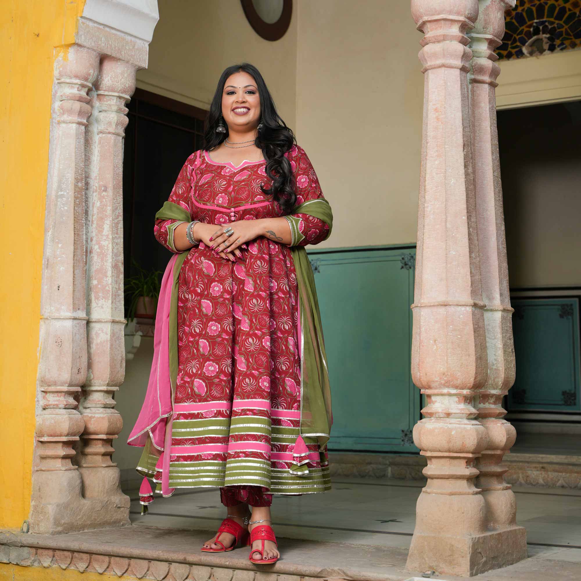 Rosy Charm Floral Cotton Anarkali Set