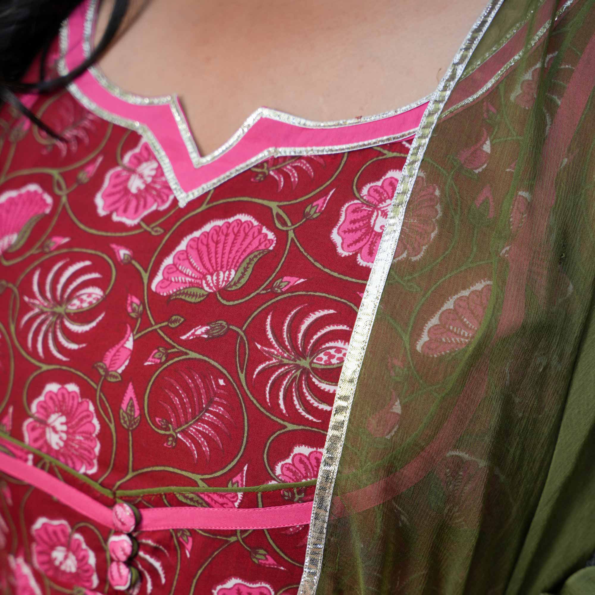 Rosy Charm Floral Cotton Anarkali Set