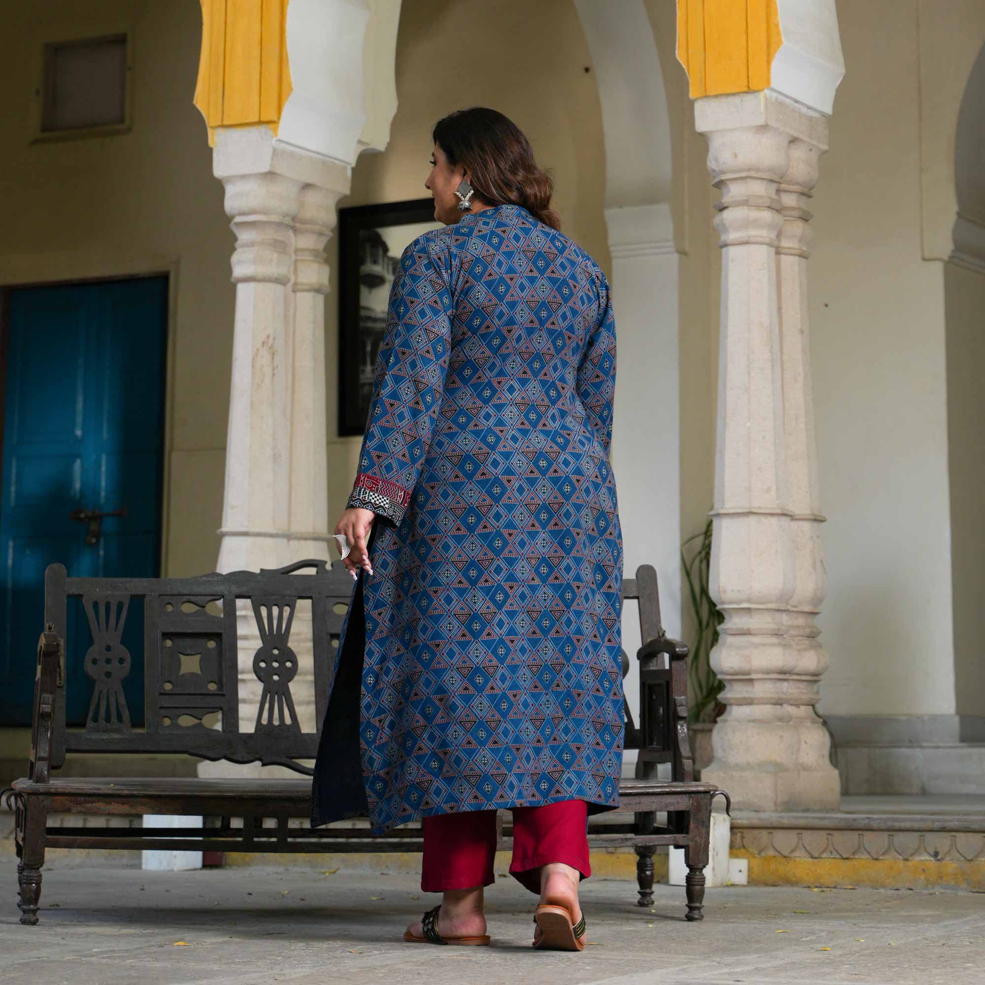 Nilgiri Blue Ajrakh Aline Modal Kurta