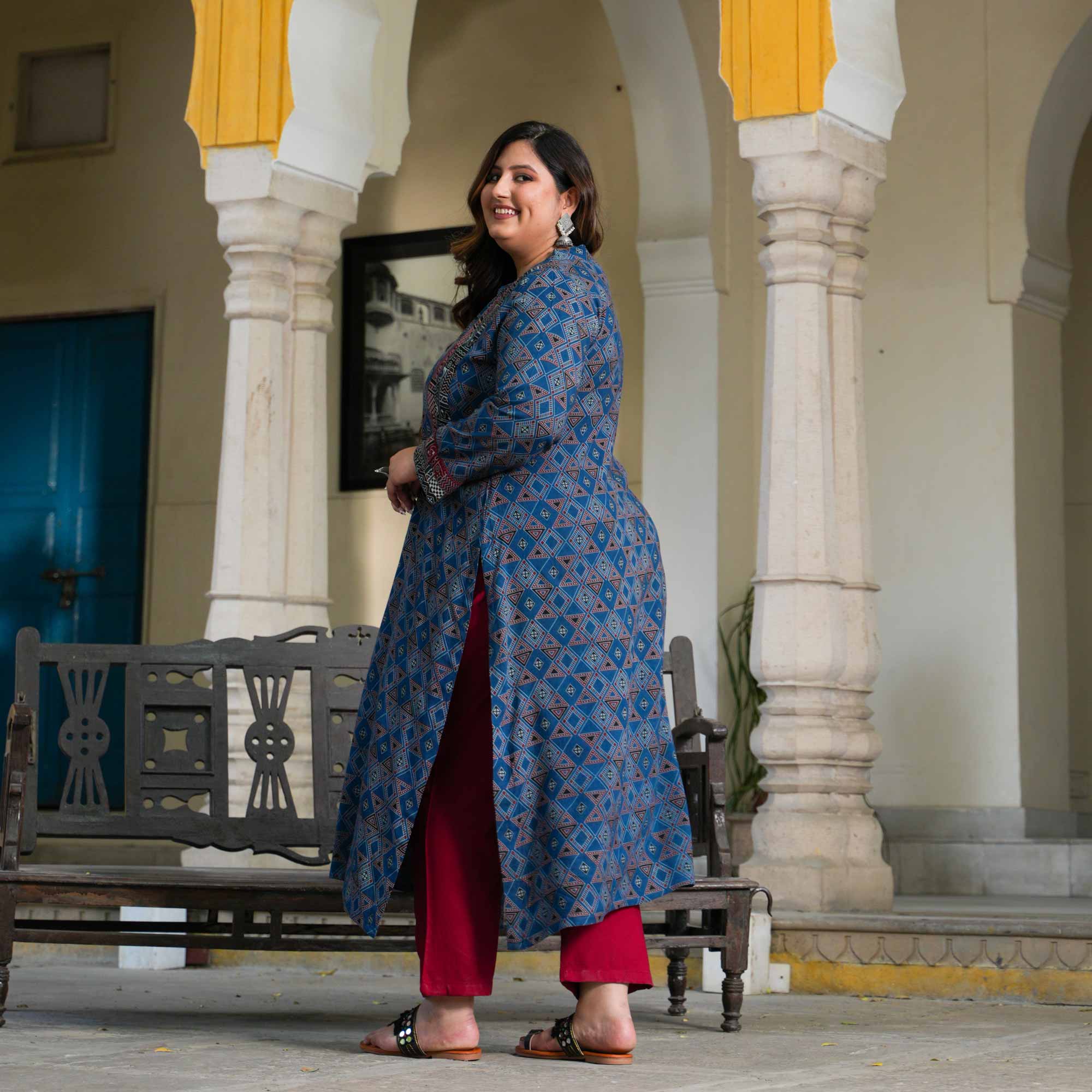 Nilgiri Blue Ajrakh Aline Modal Kurta