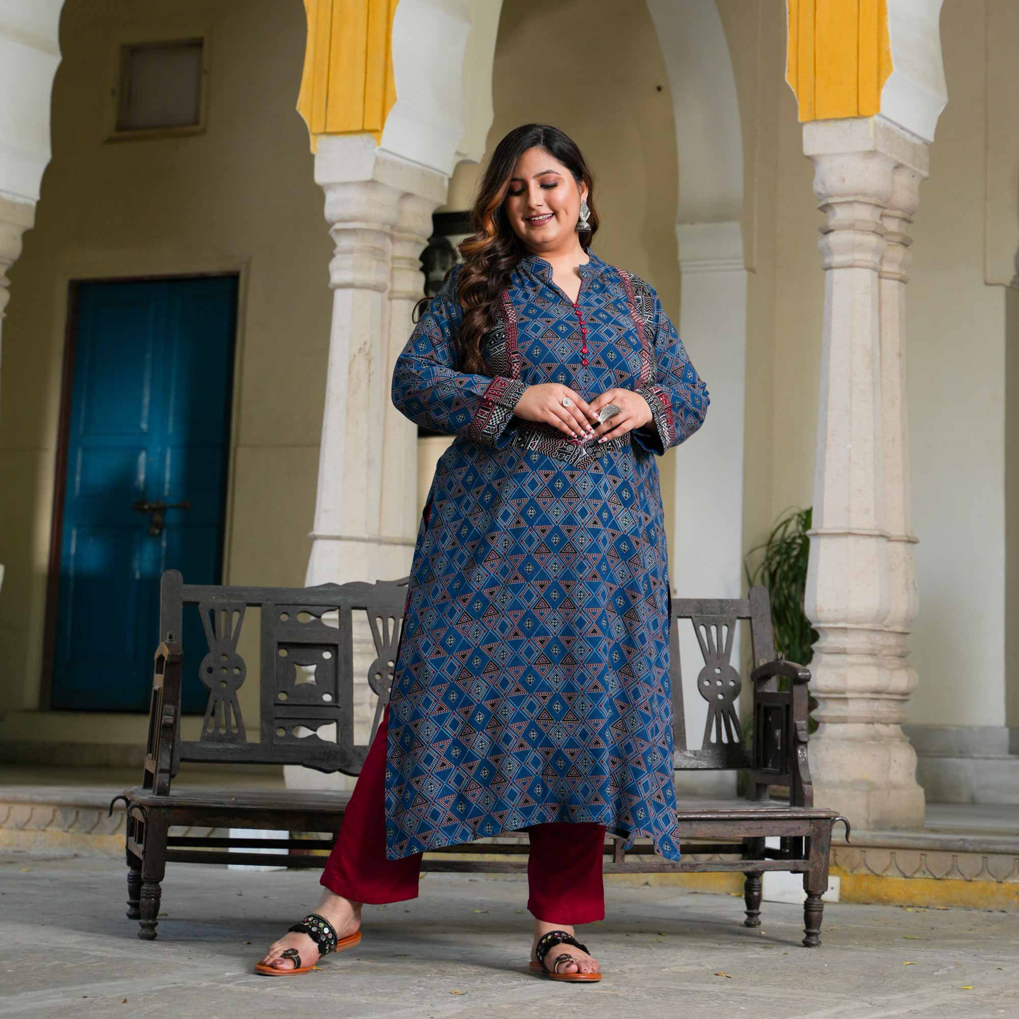 Nilgiri Blue Ajrakh Aline Modal Kurta