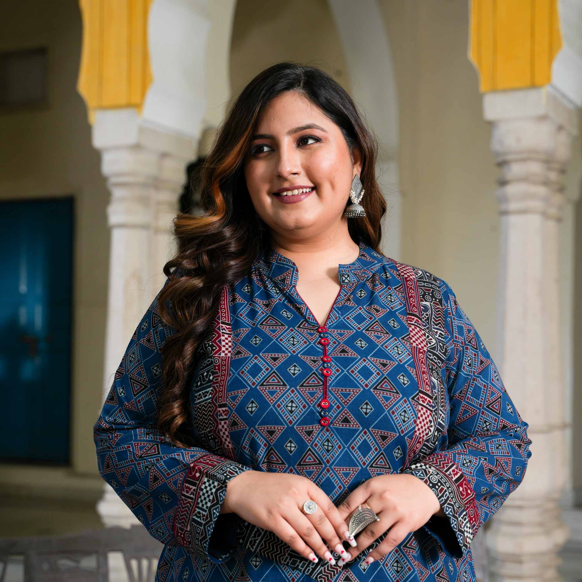 Nilgiri Blue Ajrakh Aline Modal Kurta