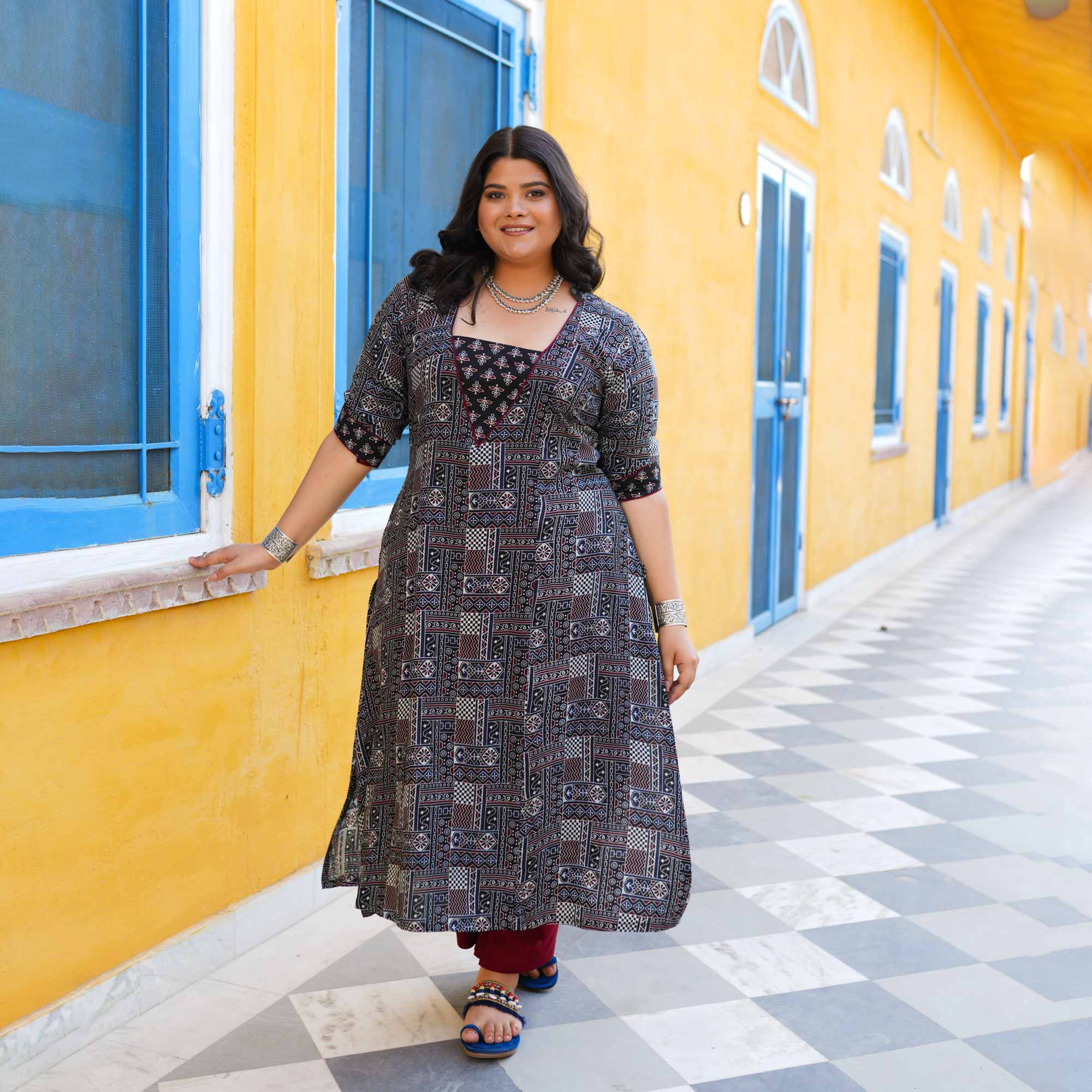 Carbon Black Ajrakh Aline Modal Kurta