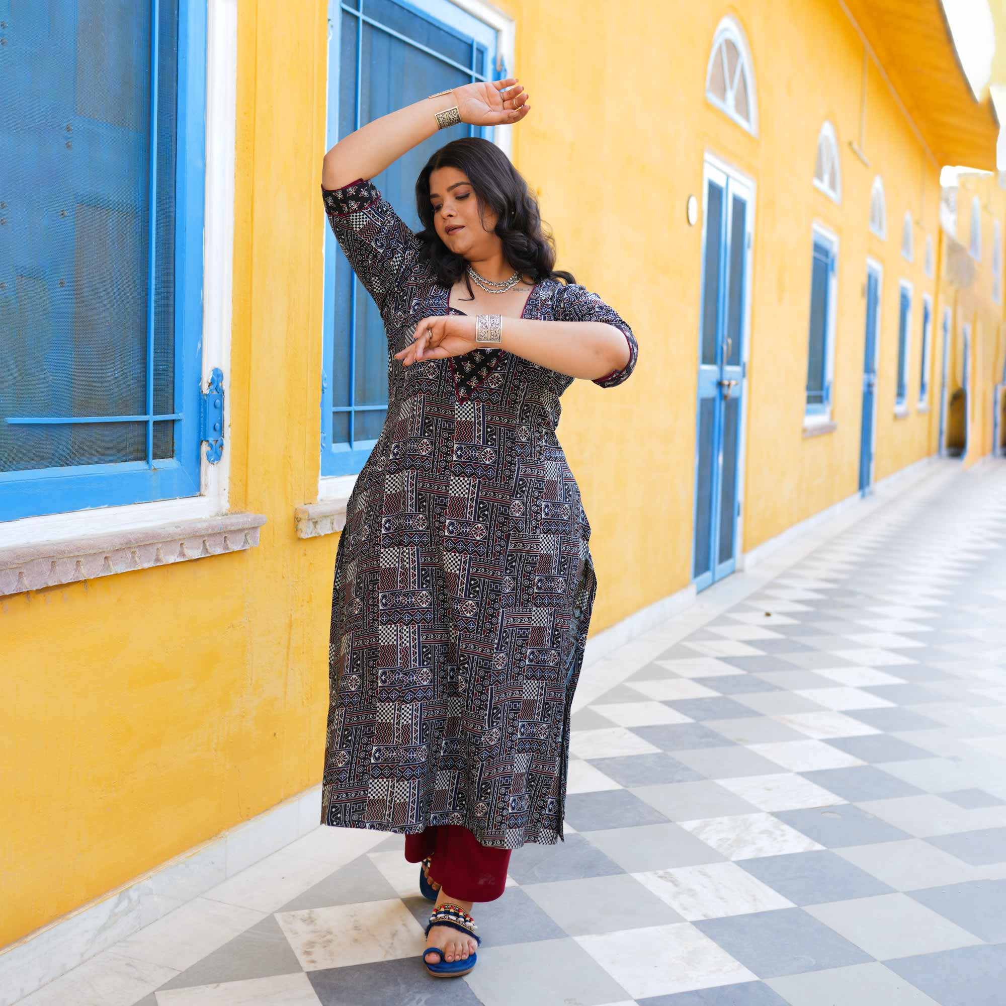 Carbon Black Ajrakh Aline Modal Kurta