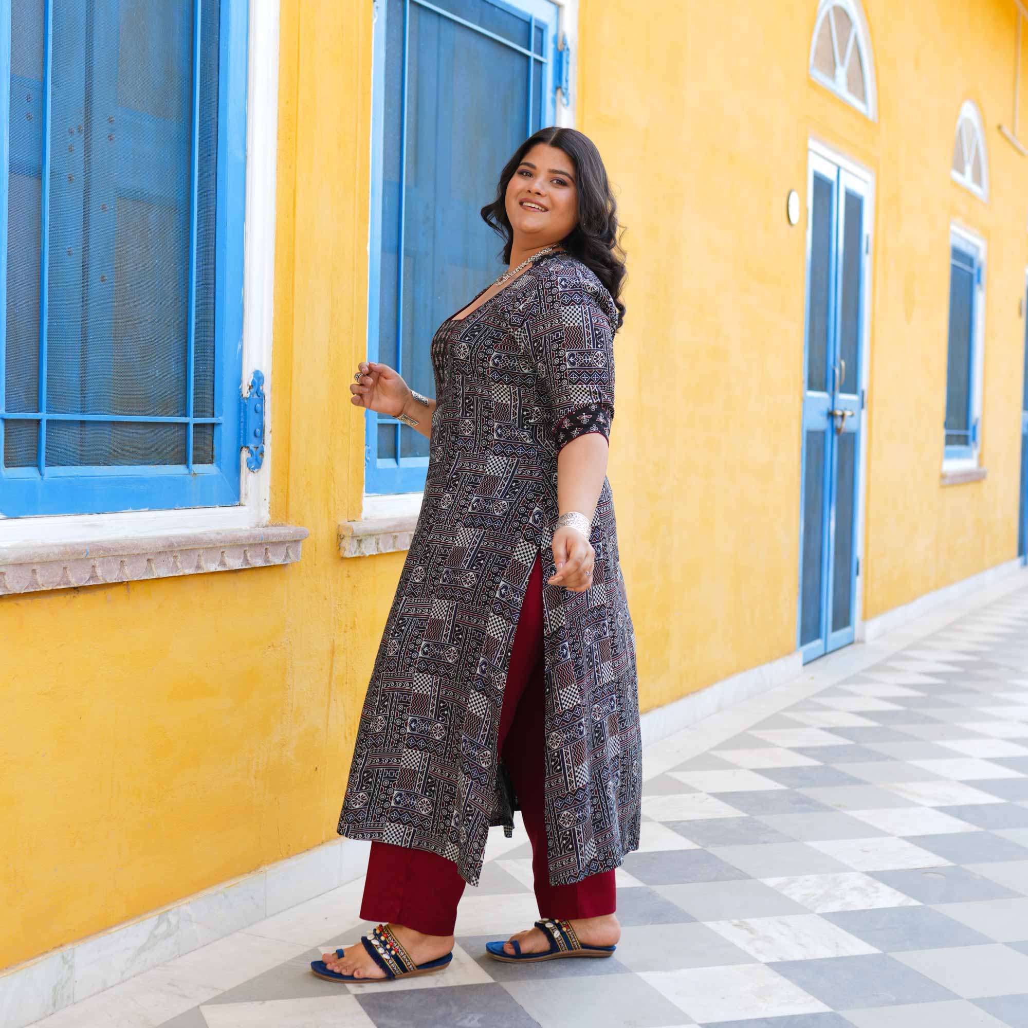 Carbon Black Ajrakh Aline Modal Kurta