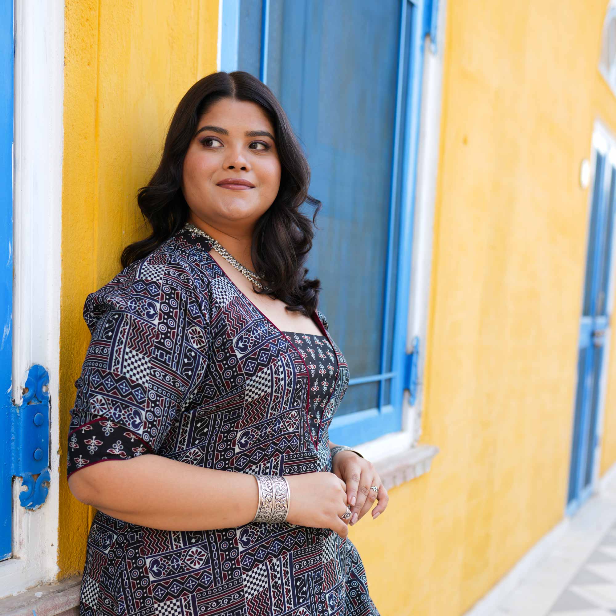 Carbon Black Ajrakh Aline Modal Kurta