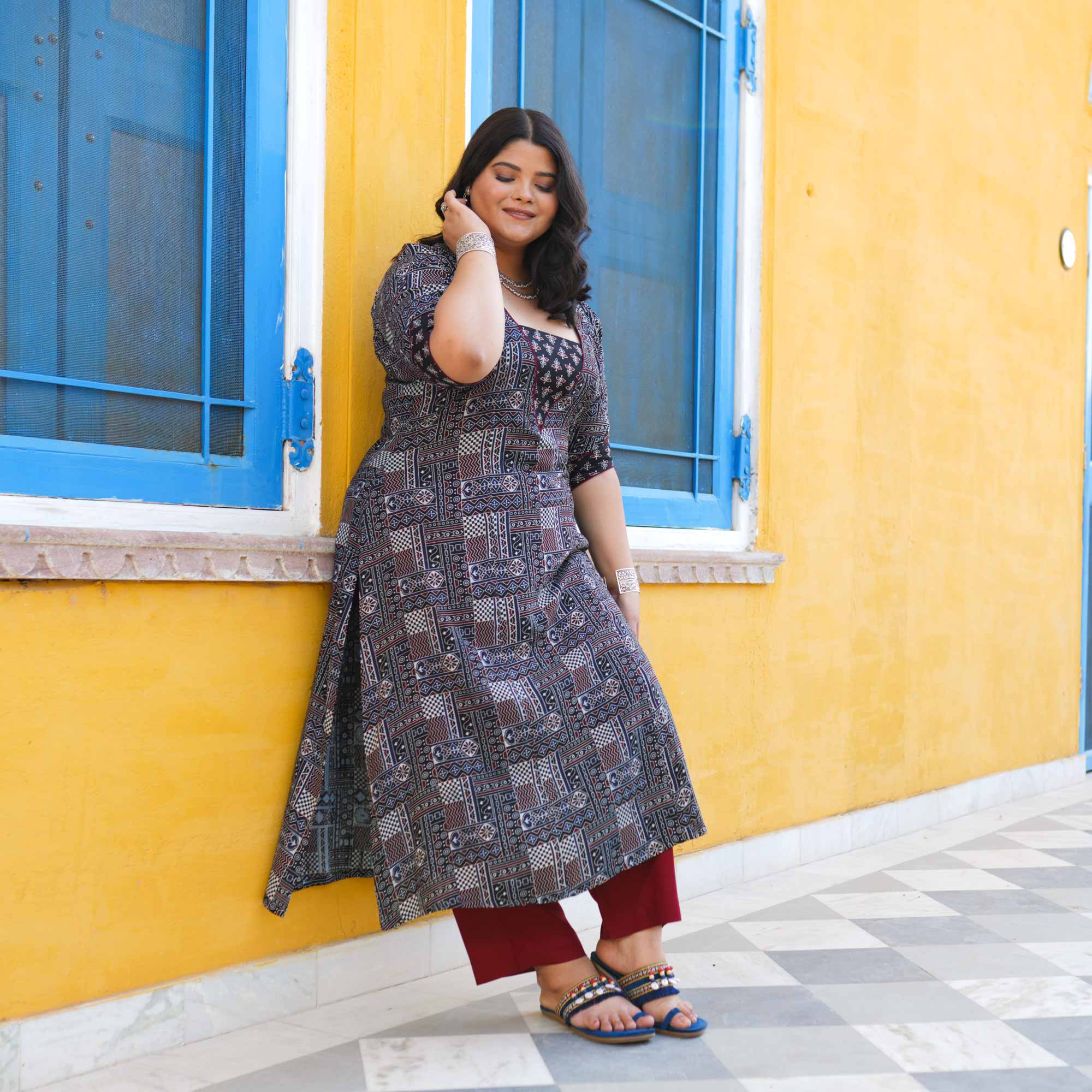 Carbon Black Ajrakh Aline Modal Kurta