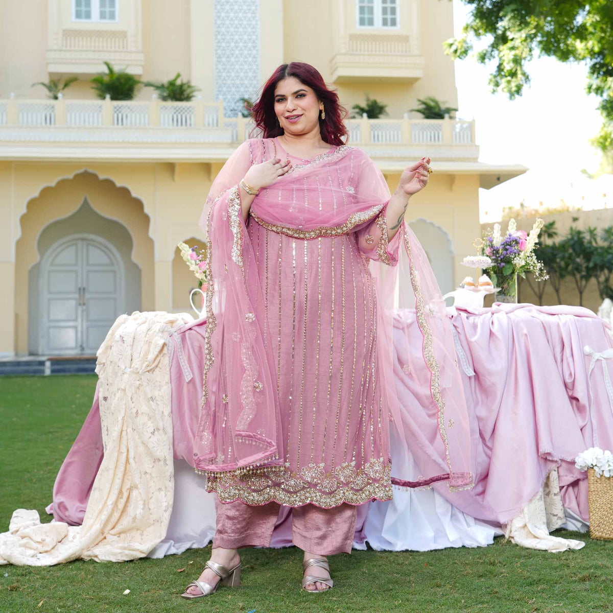 Rhea- Rose Mauve Pearl & Cutdana Embroidered Net Suit Set